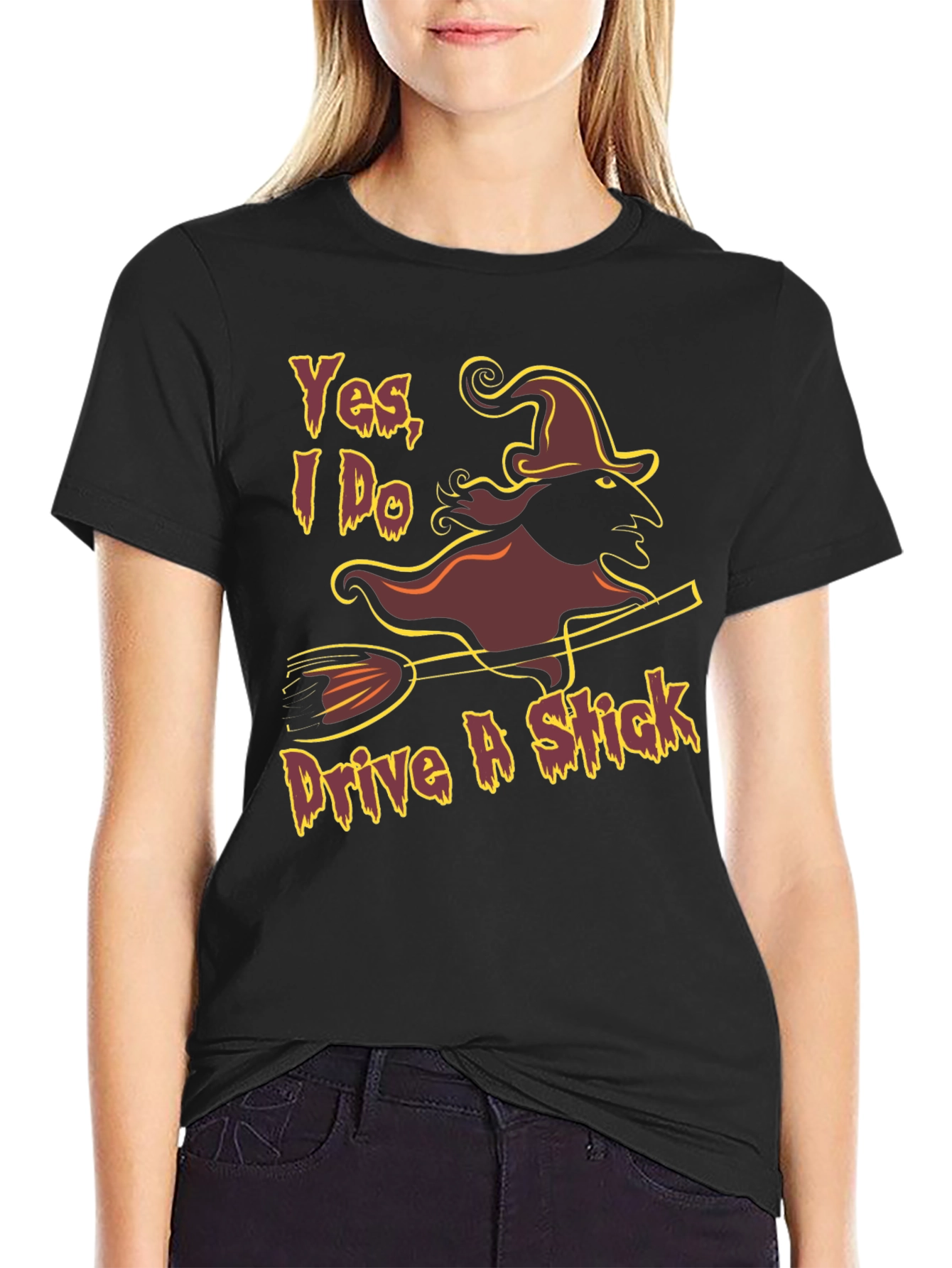 Black Yes, I Do Drive A Stick Witch Graphic T-Shirt view 2