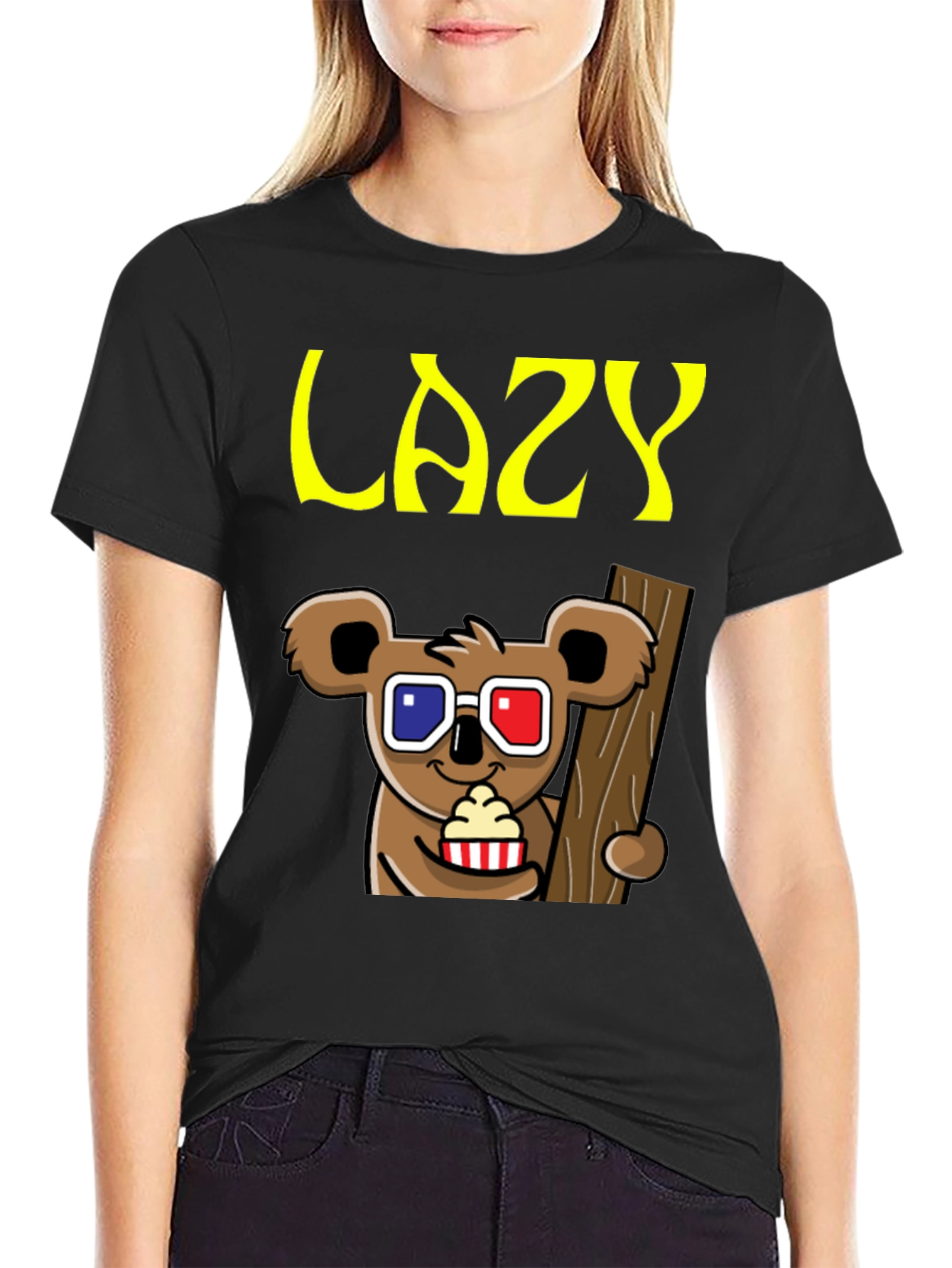 Black Lazy Koala 3D Glasses T-Shirt view 2