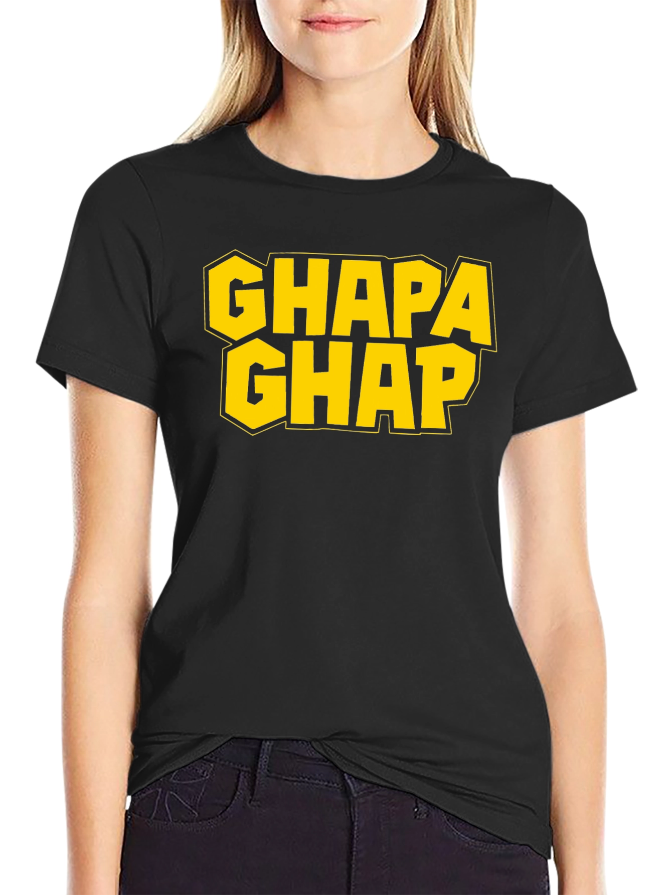 Black Ghapa Ghap Graphic T-Shirt - Bold Yellow Print view 2