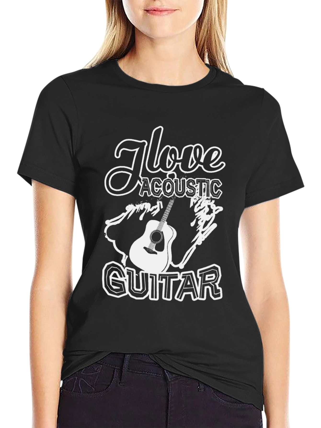 Black I Love Acoustic Guitar Black T-Shirt view 2