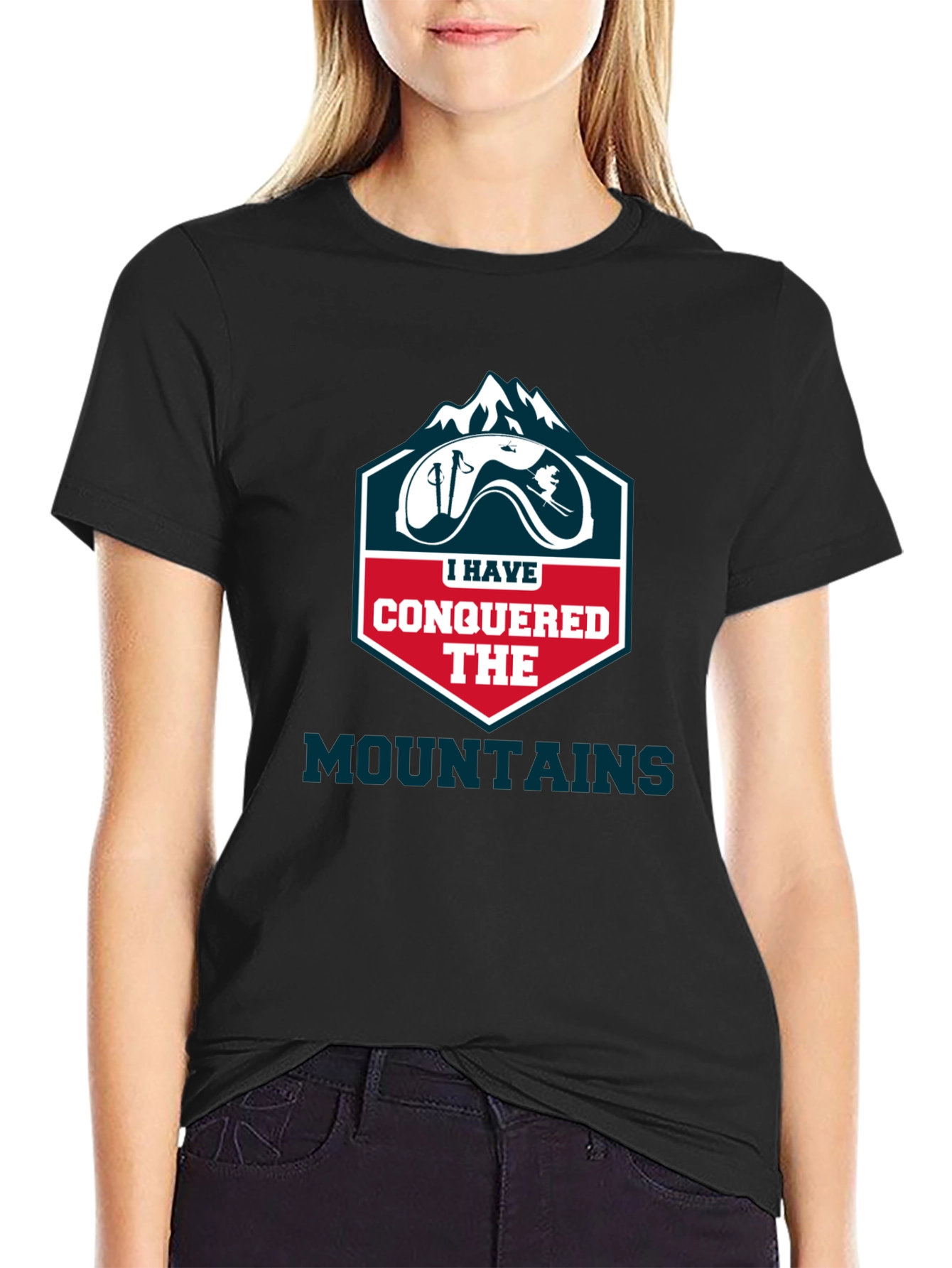 Black Conquered Mountains T-Shirt - Skiing Adventure view 2