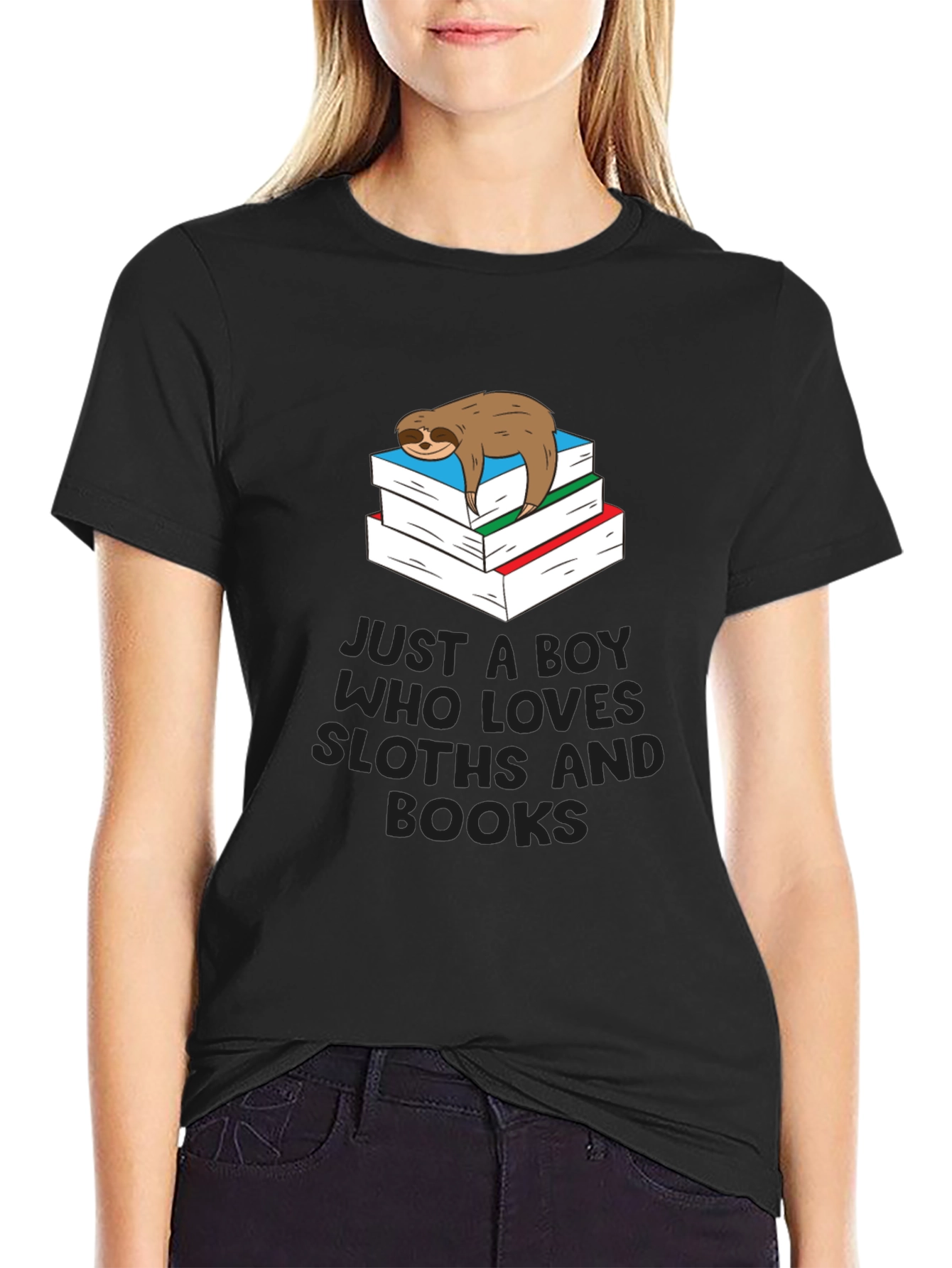 Black Sloth & Books Graphic T-Shirt - Comfy Casual Tee view 2