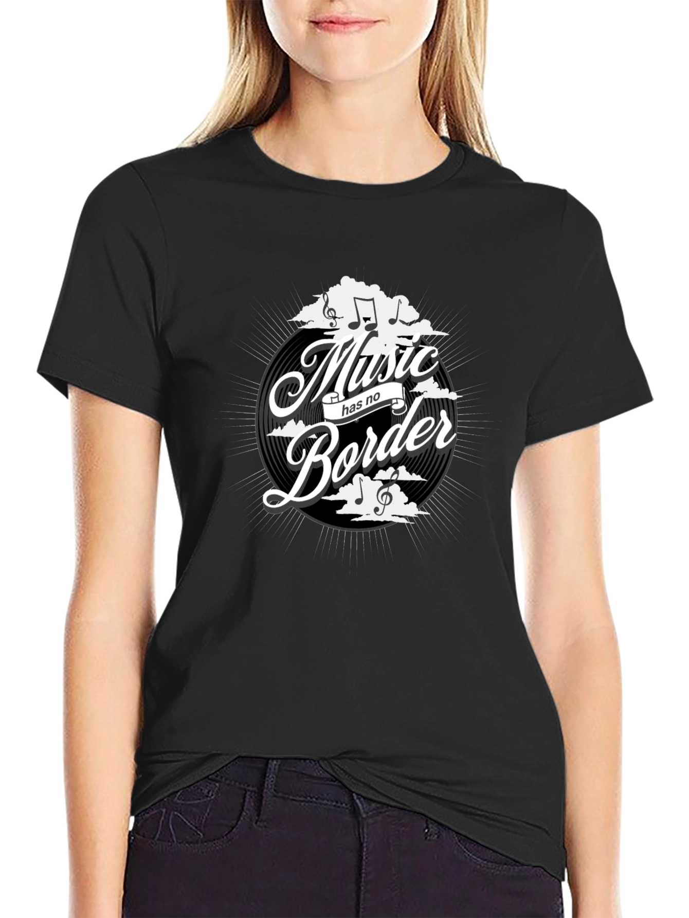 Black Music Has No Border Black Graphic Tee Shirt view 2