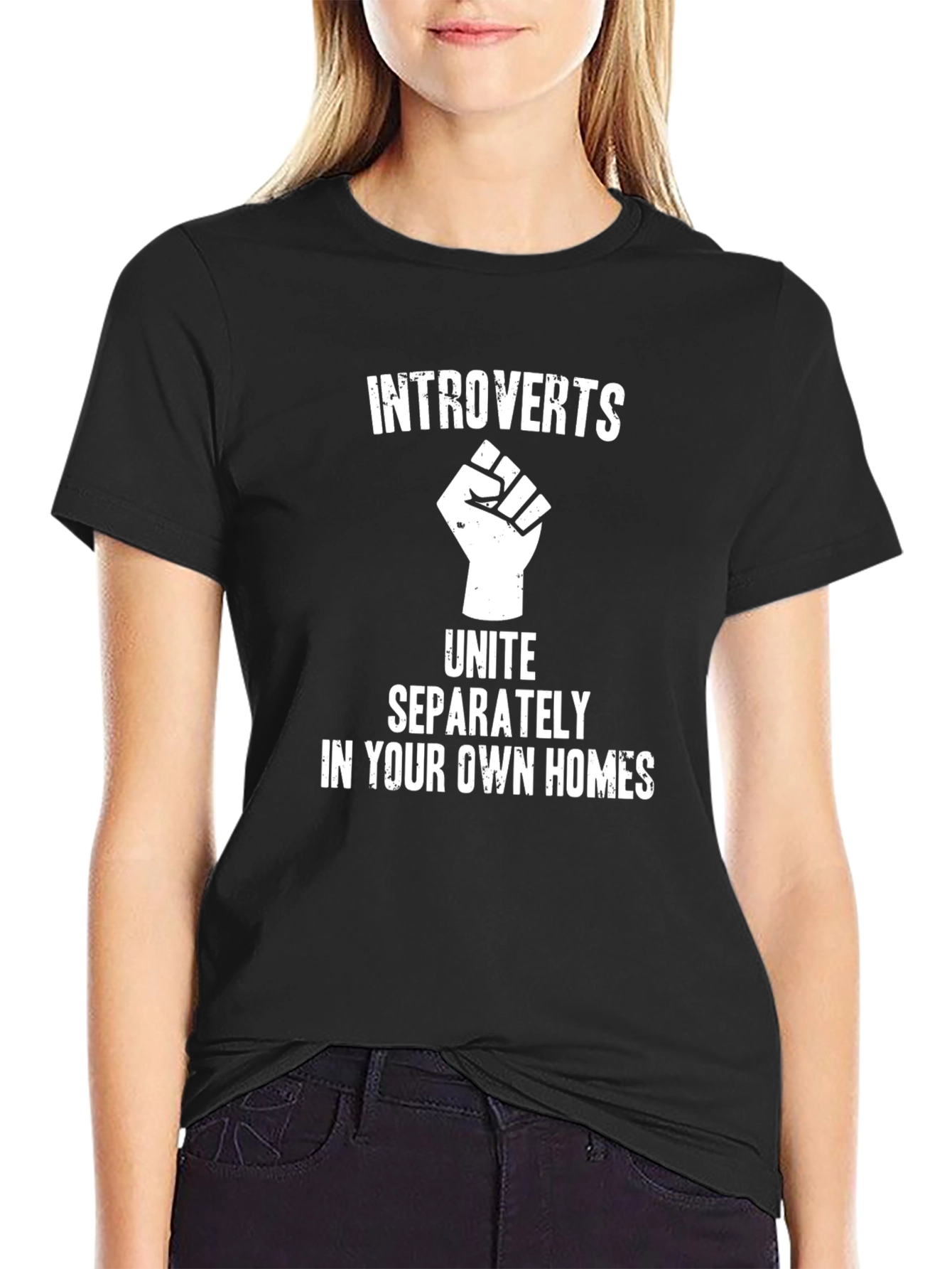 Black Introverts Unite T-Shirt -  Black Cotton Tee view 2