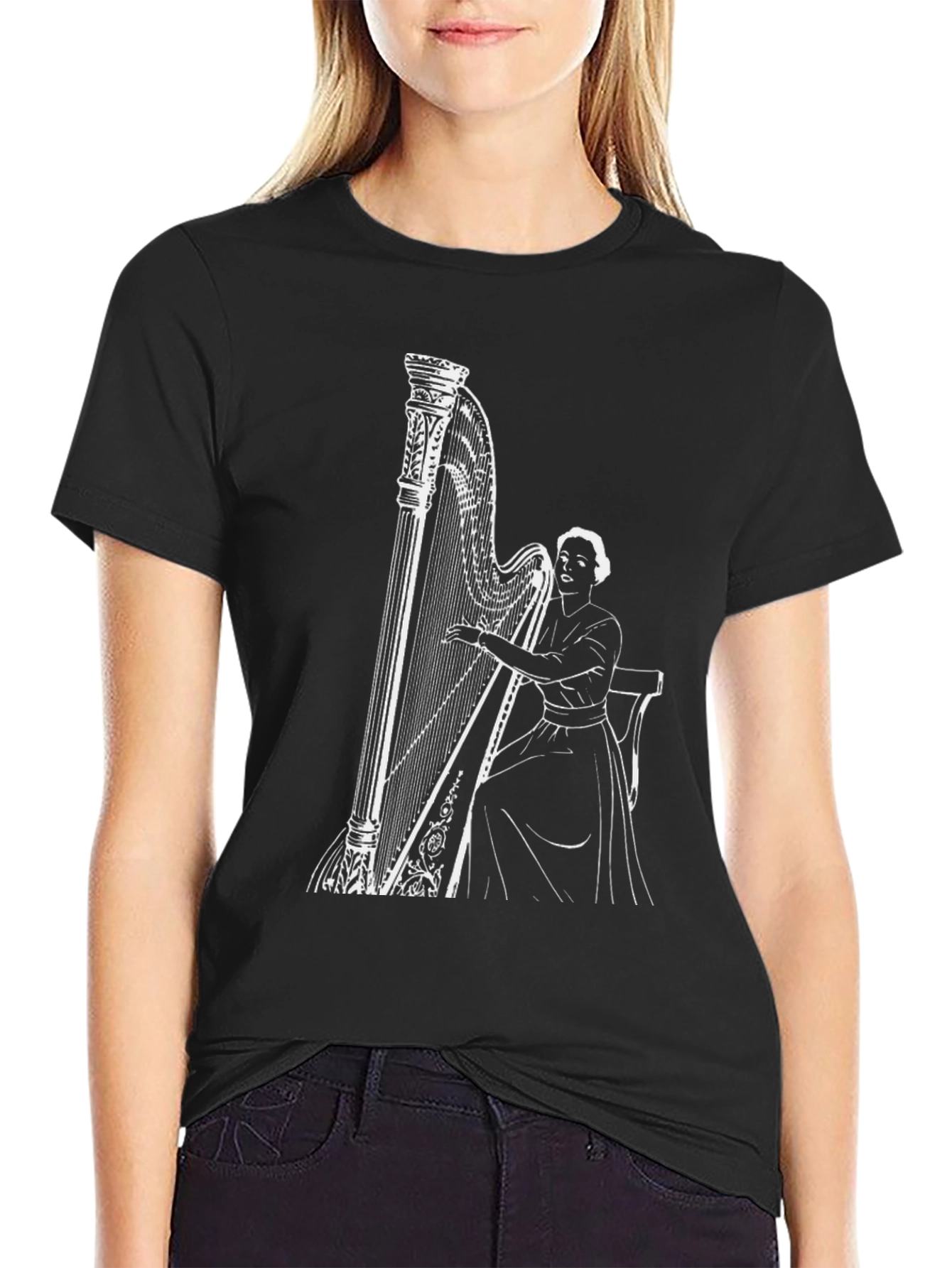 Elegant Harpist Graphic Tee - Black Cotton T-Shirt - 2