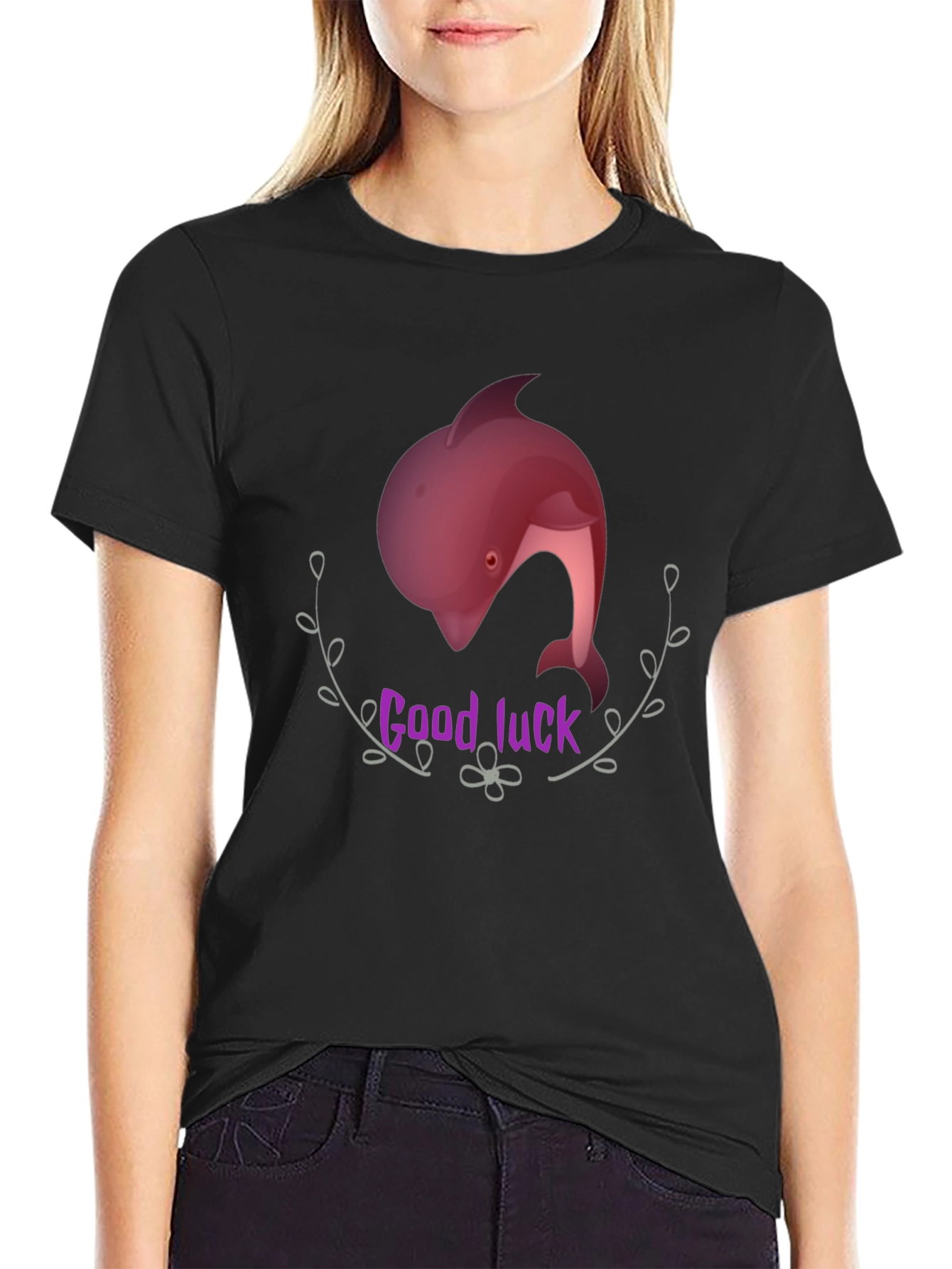 Black Good Luck Dolphin Graphic Tee - Black Unisex T-Shirt view 2
