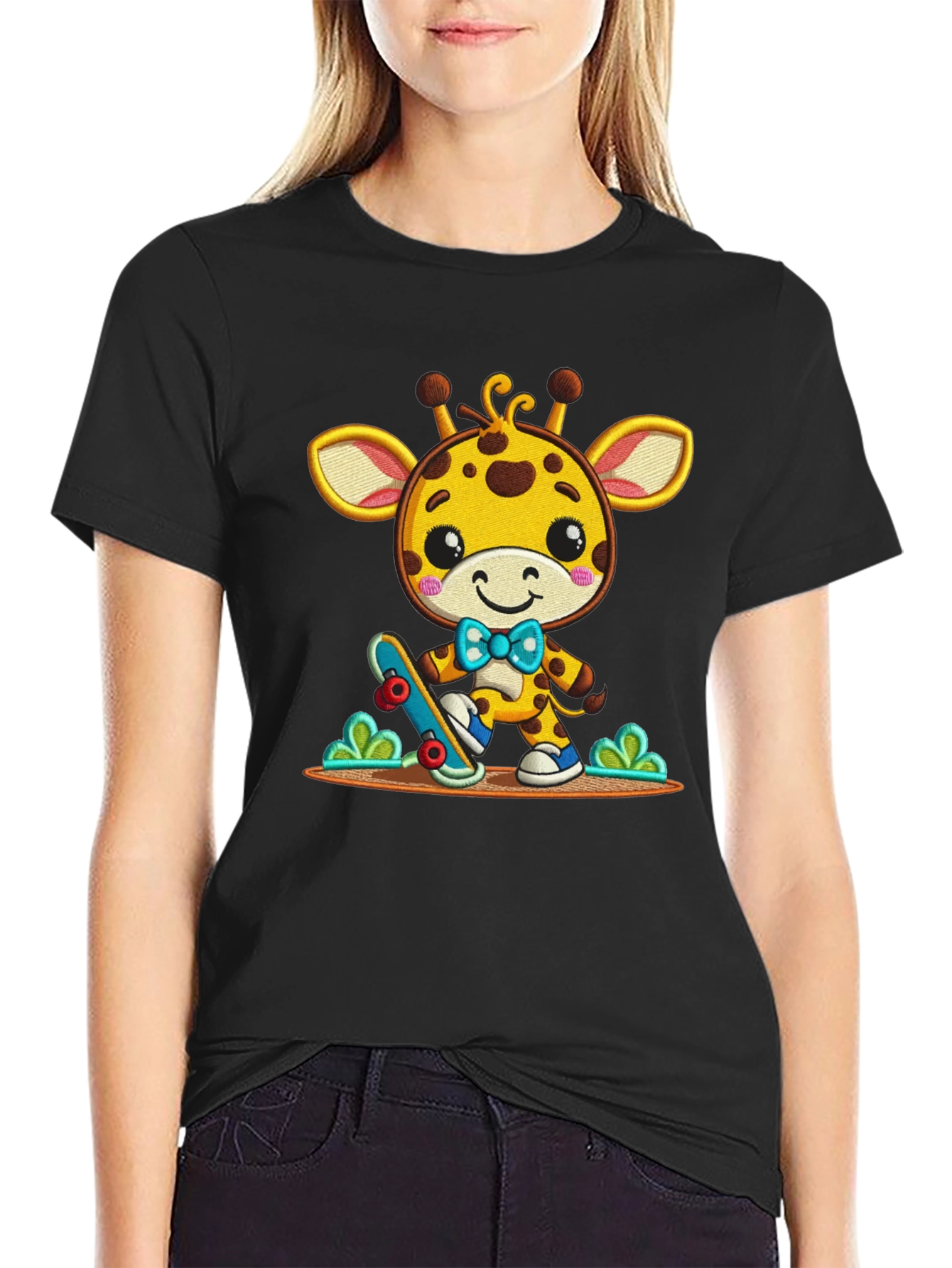 Black Cute Giraffe Skateboarder Graphic Tee view 2