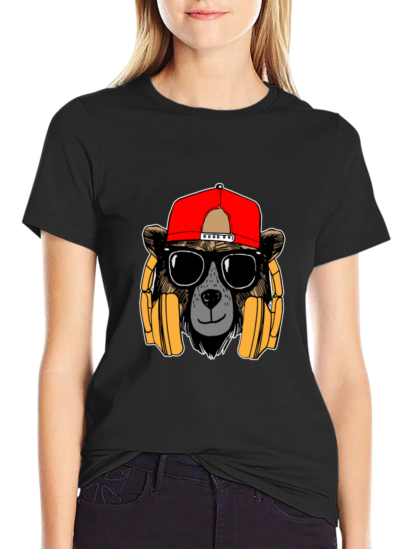 Black Bear with Headphones Graphic T-Shirt view 2