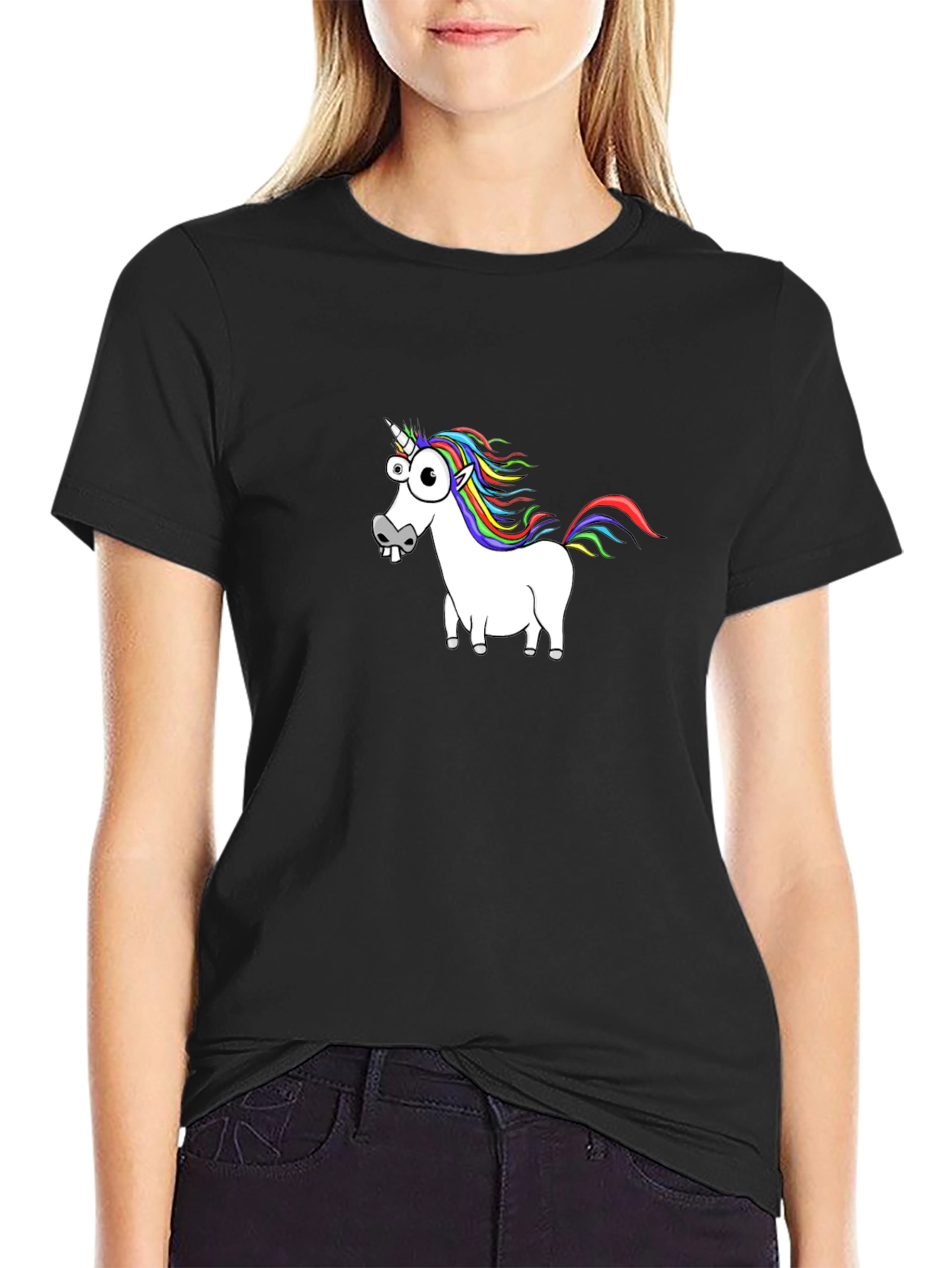 Black Funny Unicorn Graphic Tee - Black Cotton Casual T-Shirt view 2