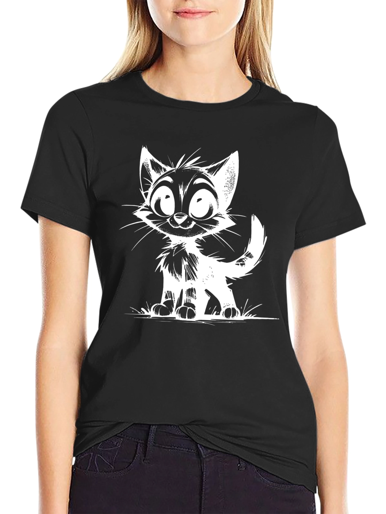 Black Cartoon Cat Graphic Black T-Shirt view 2
