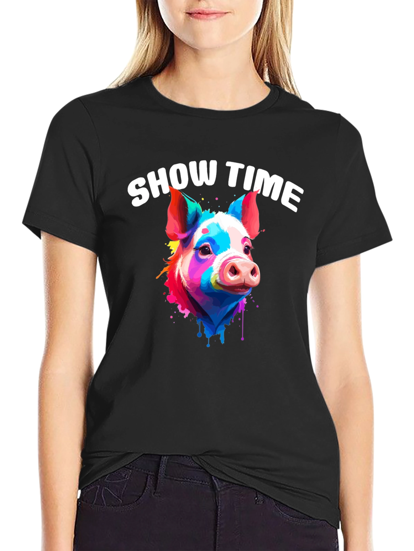 Black Show Time Pig T-Shirt: Colorful Animal Graphic Tee view 2