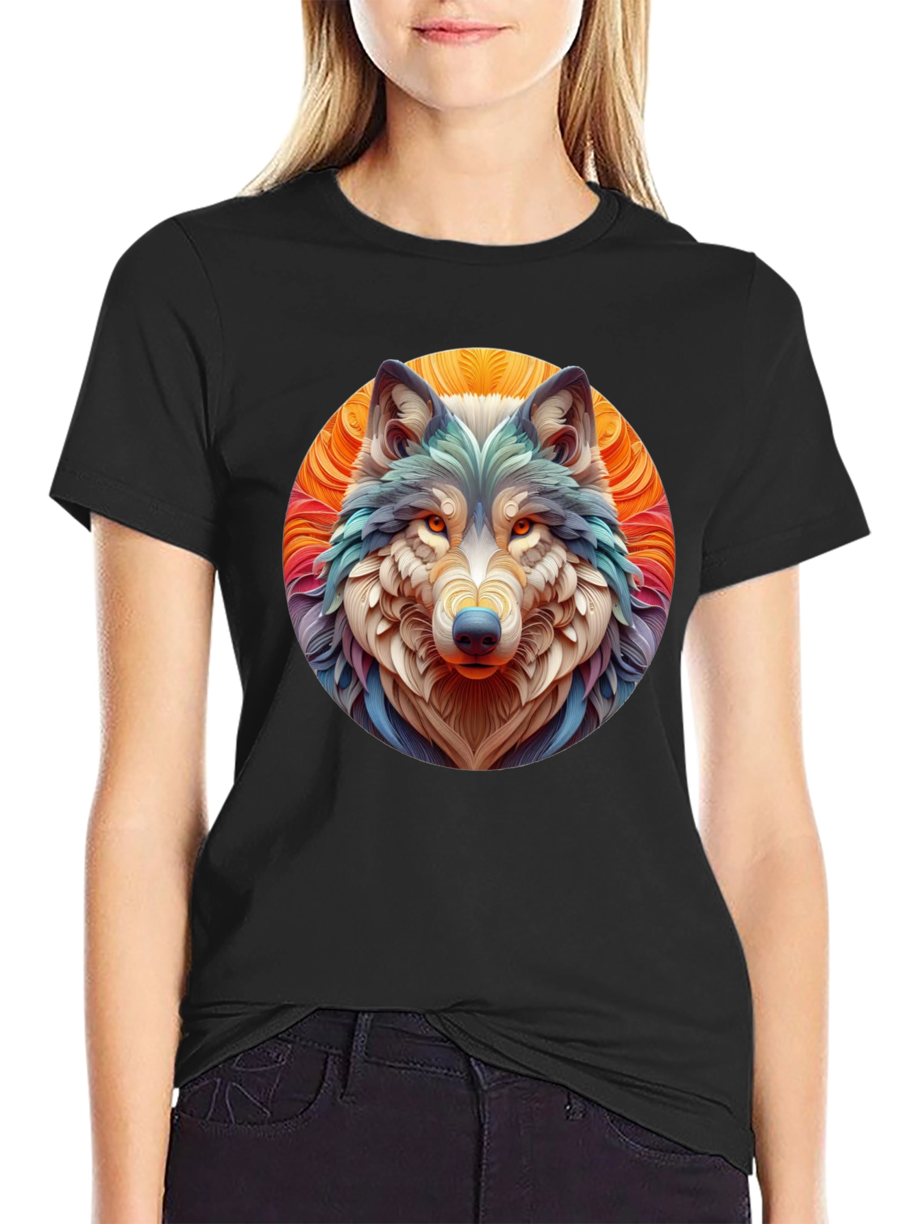 Black Wolf Art Graphic Tee - Black Cotton T-Shirt view 2