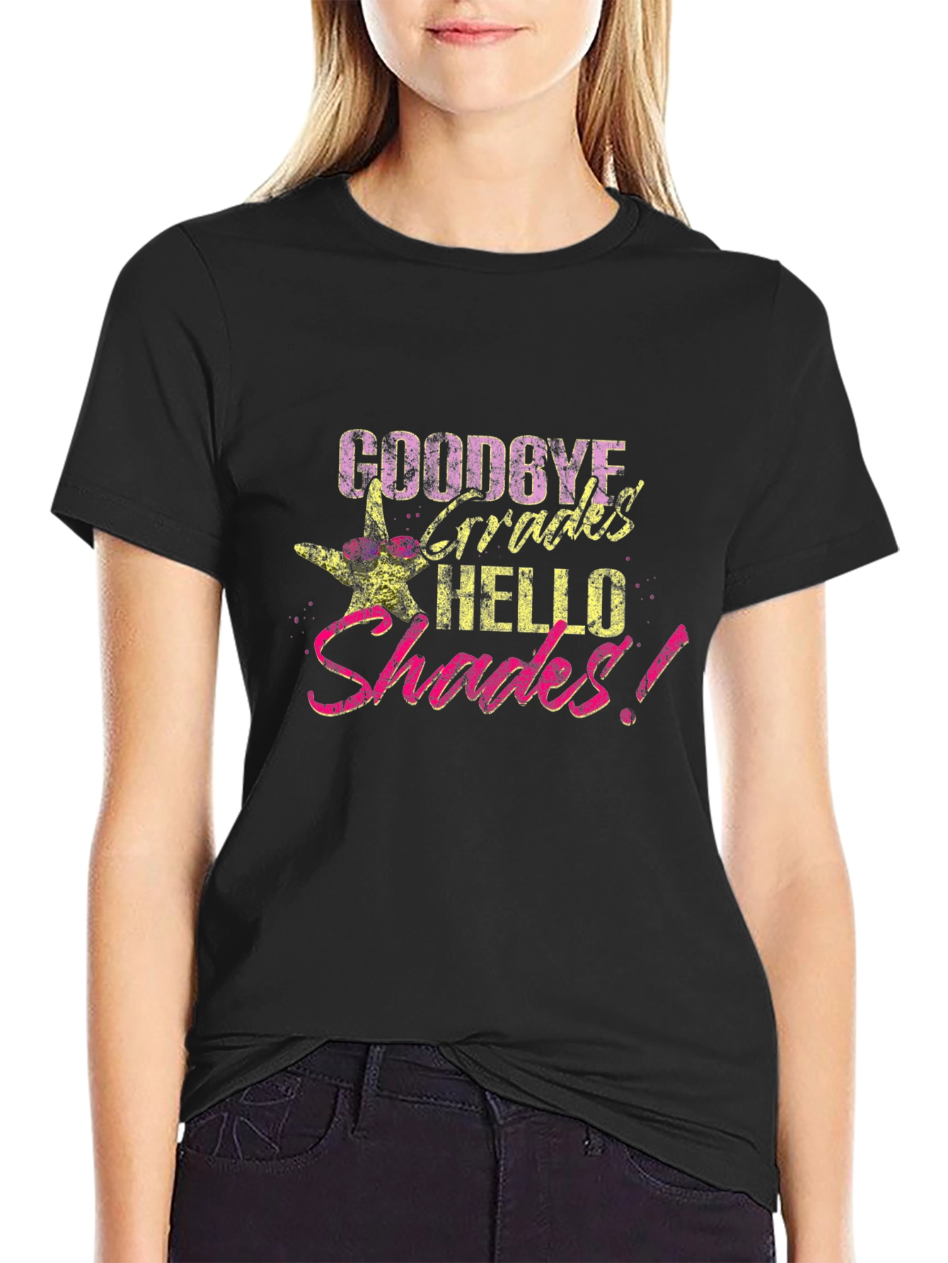 Black Goodbye Grades Hello Shades Black T-Shirt view 2