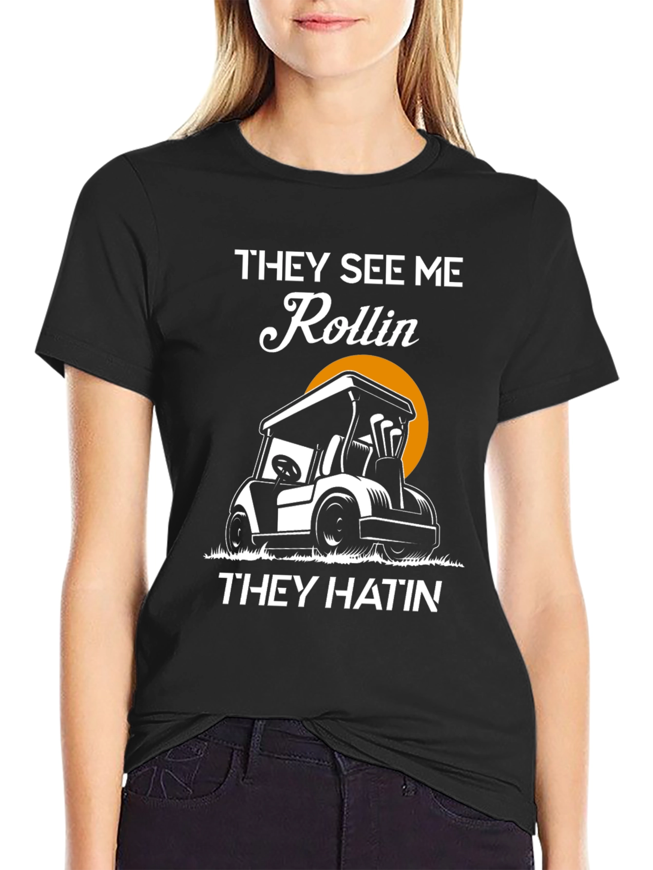 Black Golf Cart Humor T-Shirt - Rollin' They Hatin' view 2