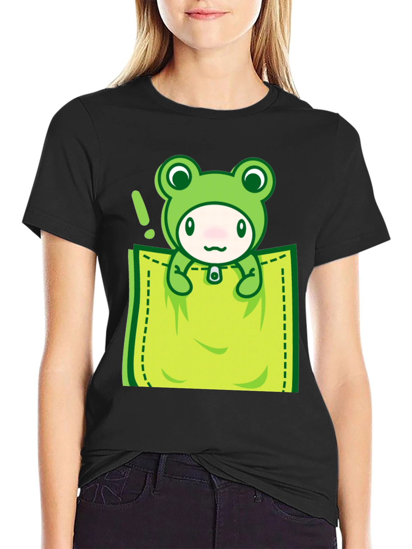 Black Cute Frog Pocket T-Shirt - Fun Graphic Tee view 2