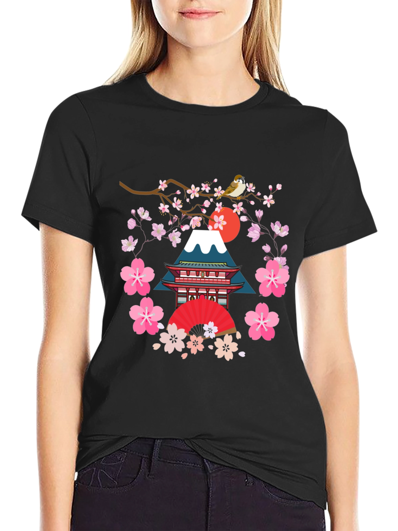 Black Japanese Art T-Shirt - Bird, Blossoms, and Mountain view 2