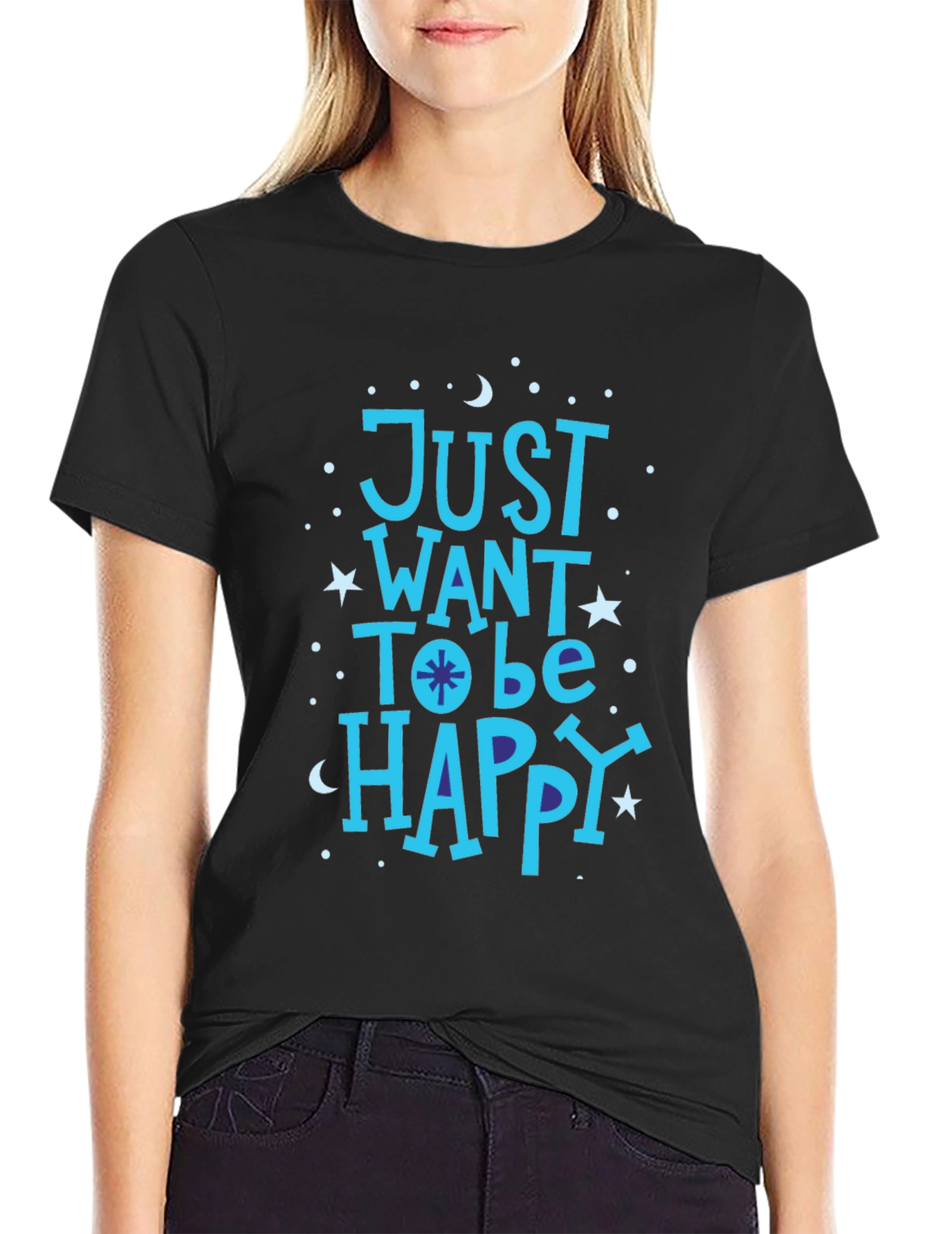 Black Just Want To Be Happy Graphic T-Shirt view 2