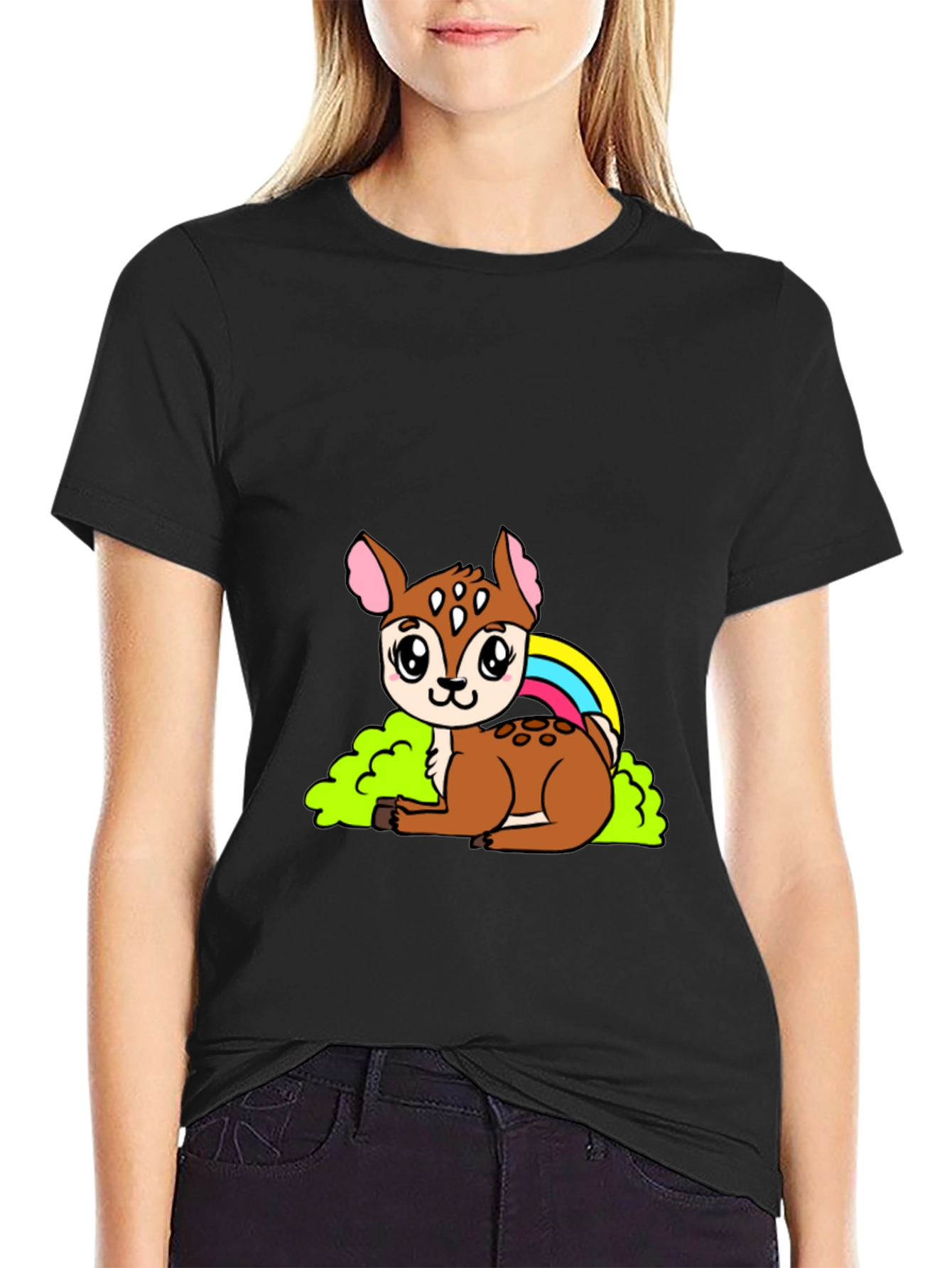 Black Cute Deer Cartoon Graphic Black T-Shirt view 2