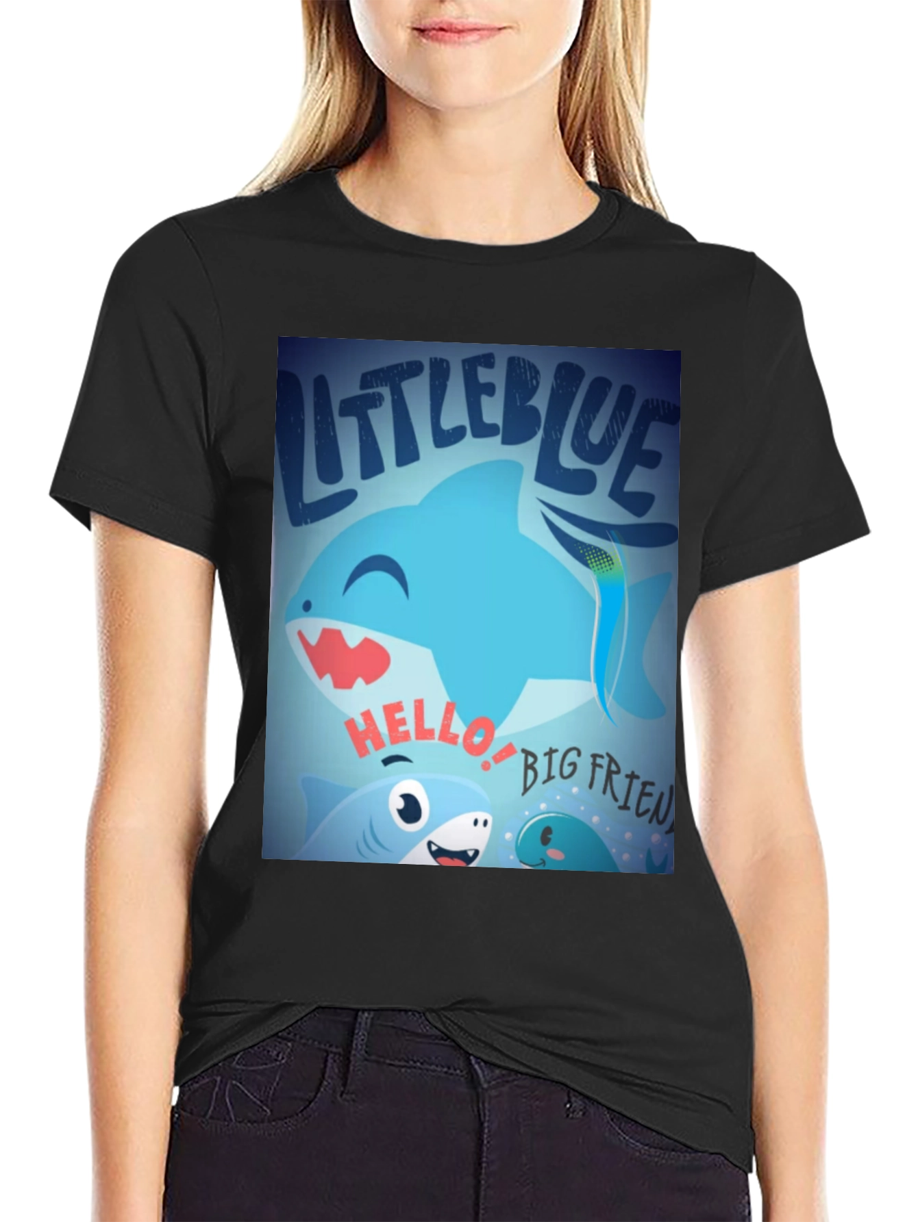 Black Little Blue Shark Graphic Tee - Fun, Casual Style view 2