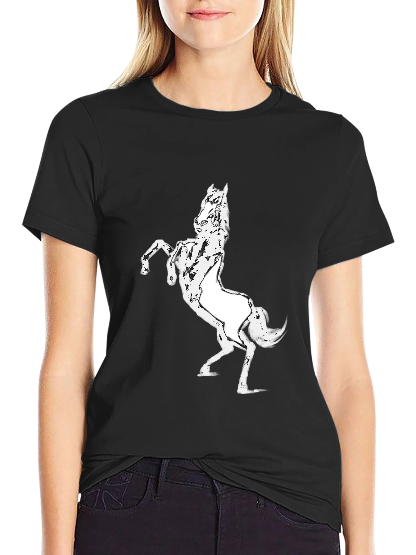 Black Black T-Shirt with White Horse Graphic view 2