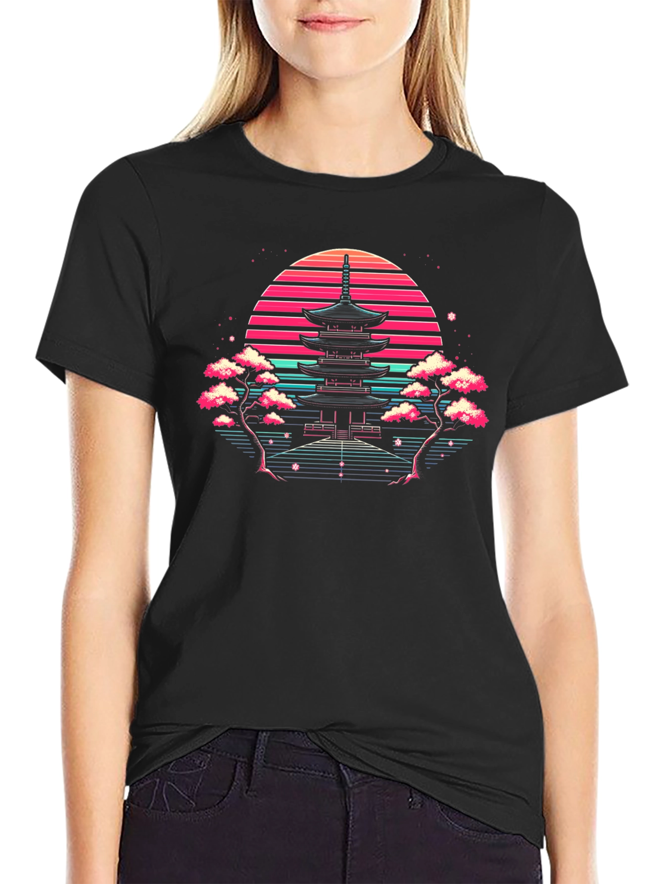 Black Retro Japanese Temple Sunset T-Shirt view 2
