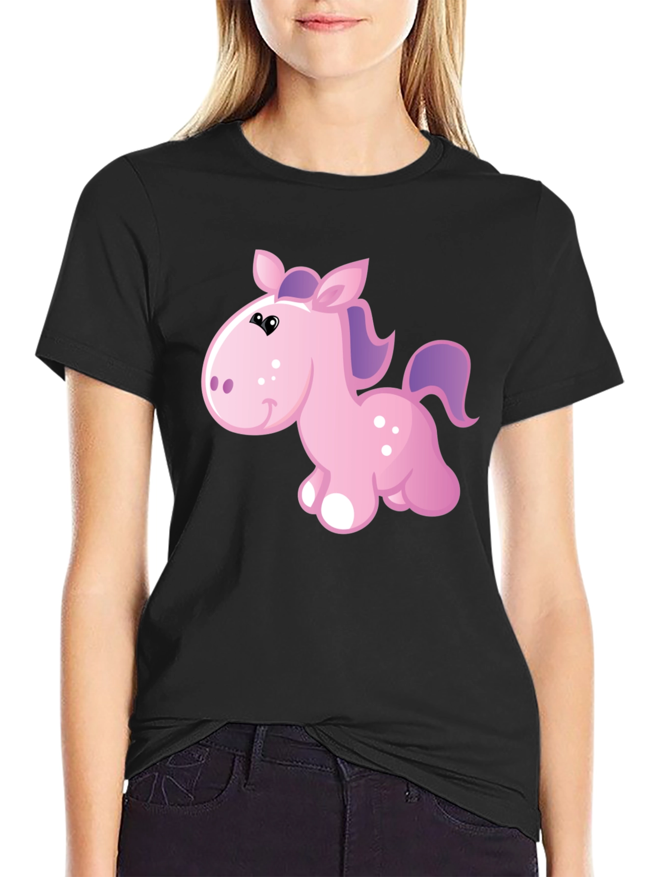 Black Cute Cartoon Pony Black T-Shirt view 2