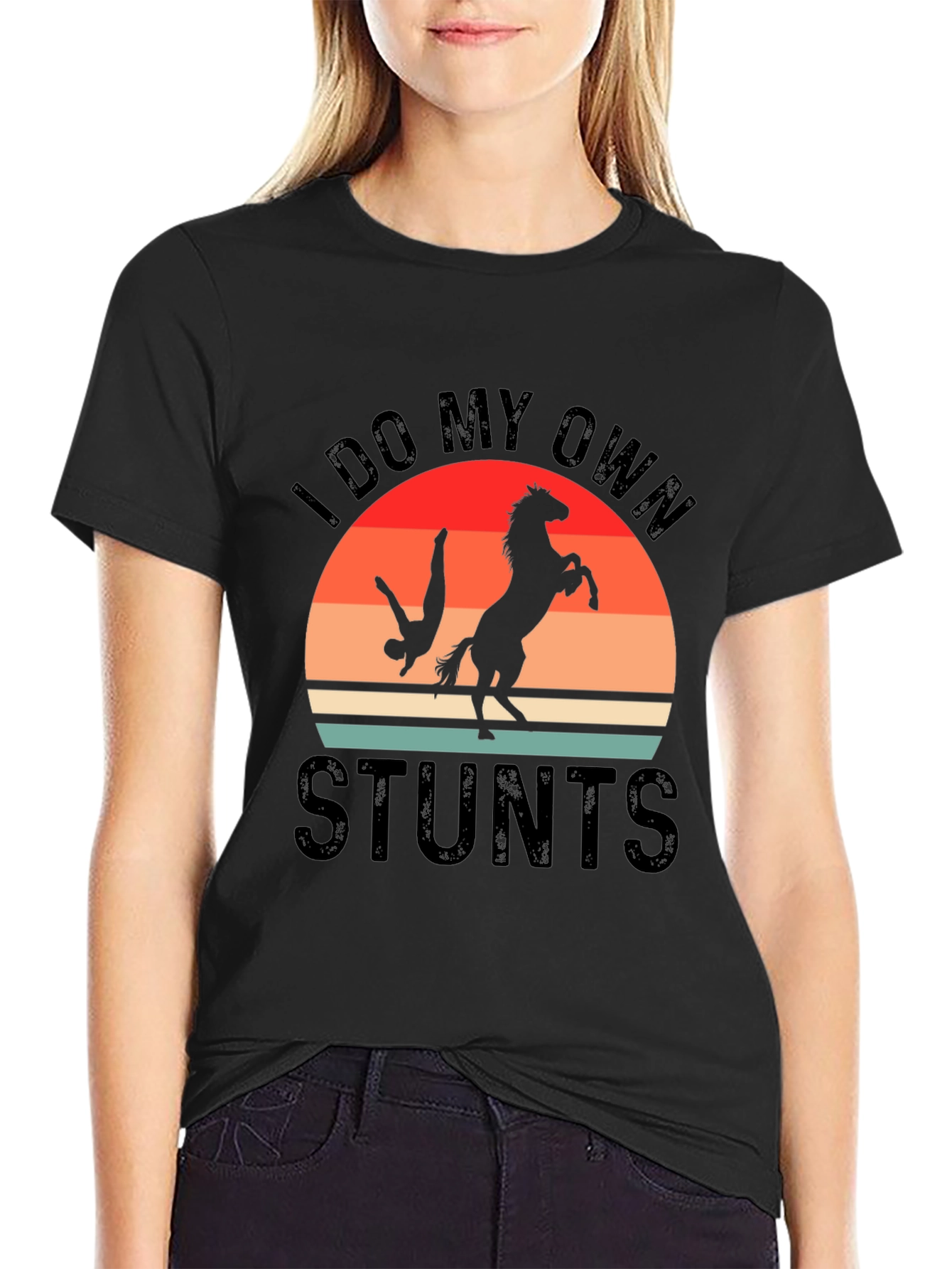 Black I Do My Own Stunts T-Shirt Horse Riding Funny Gift view 2