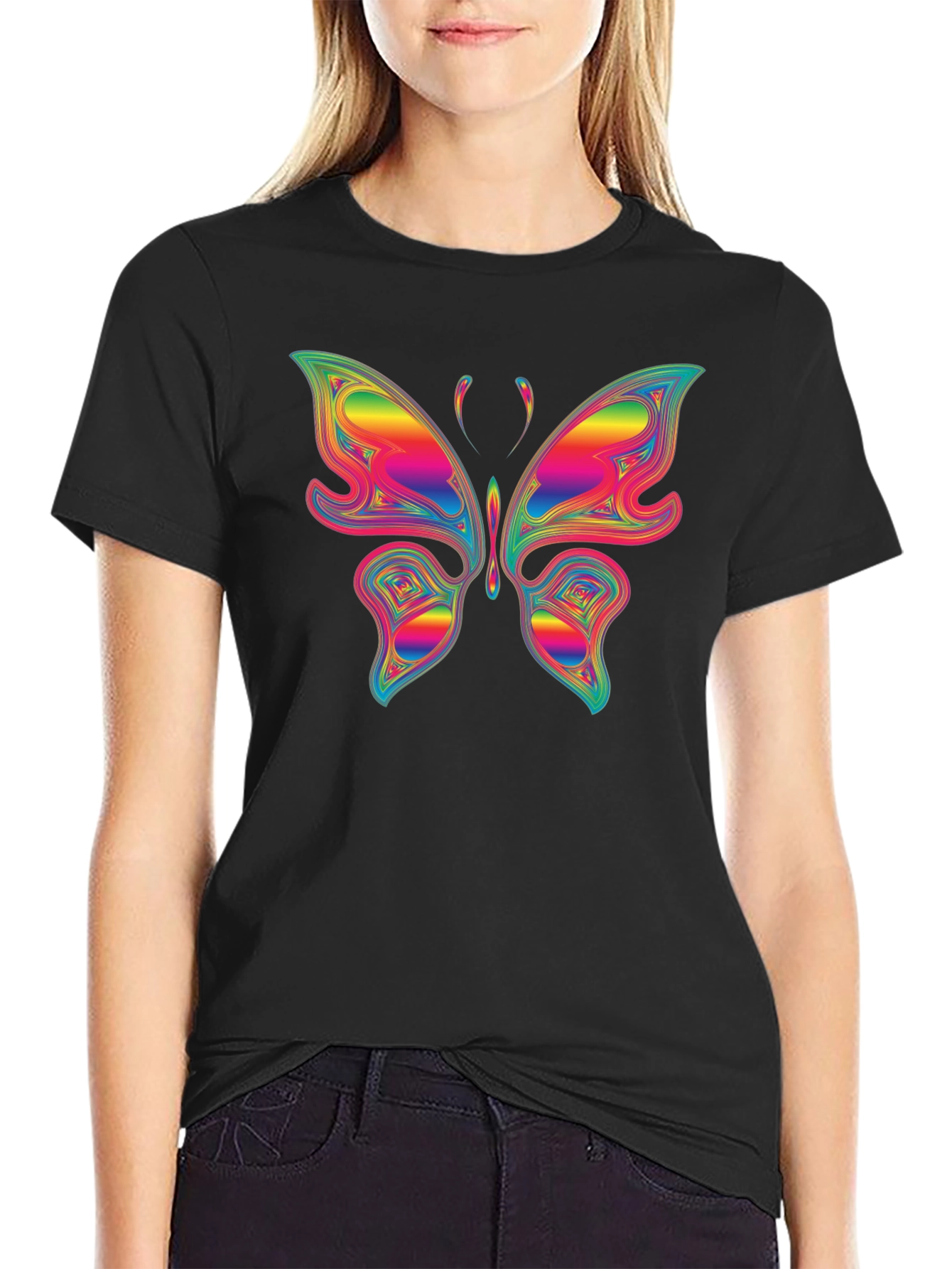 Black Rainbow Butterfly Graphic T-Shirt - Unique Colorful Tee view 2
