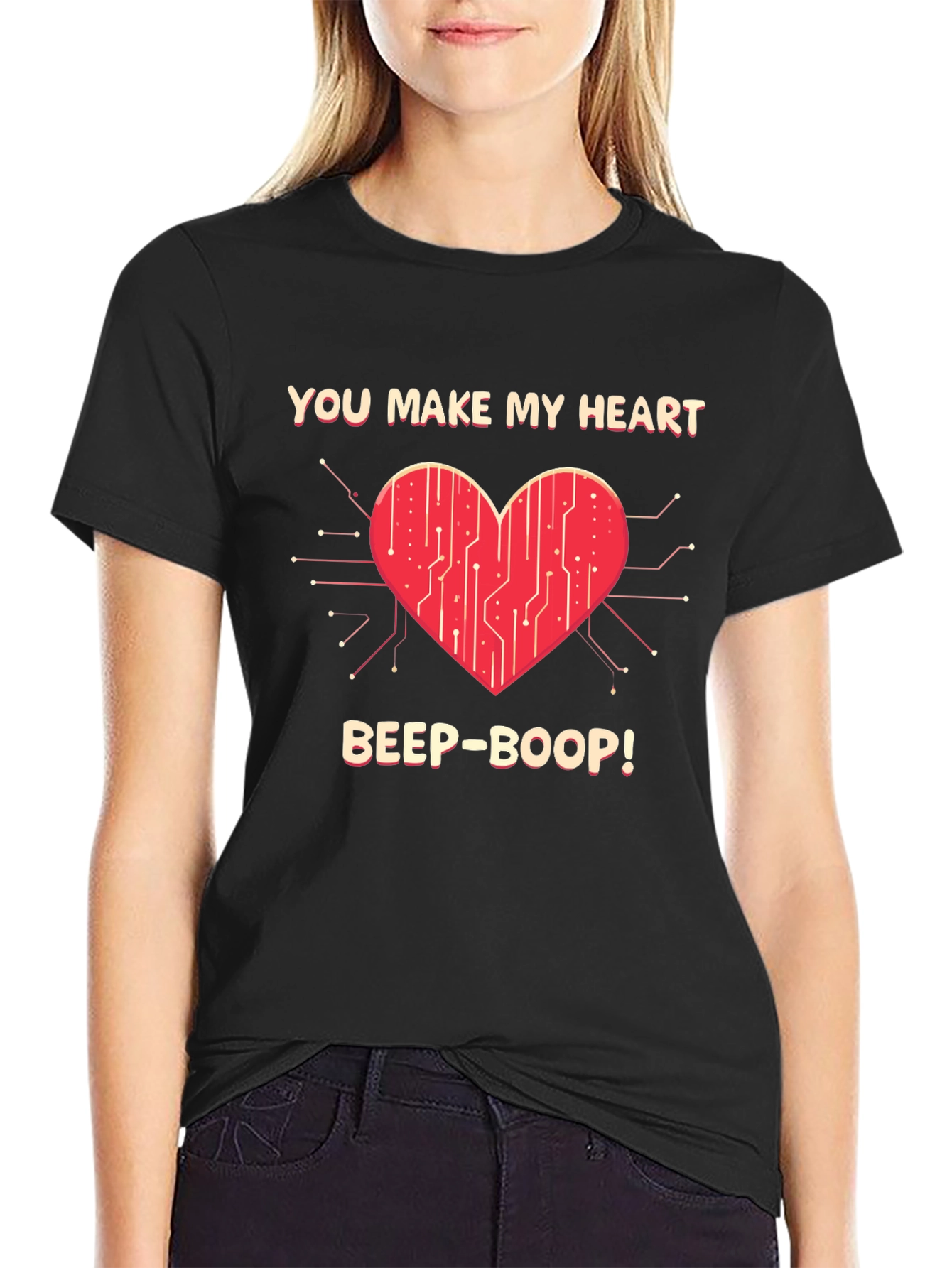 Black You Make My Heart Beep Boop Valentine's Day T-Shirt view 2