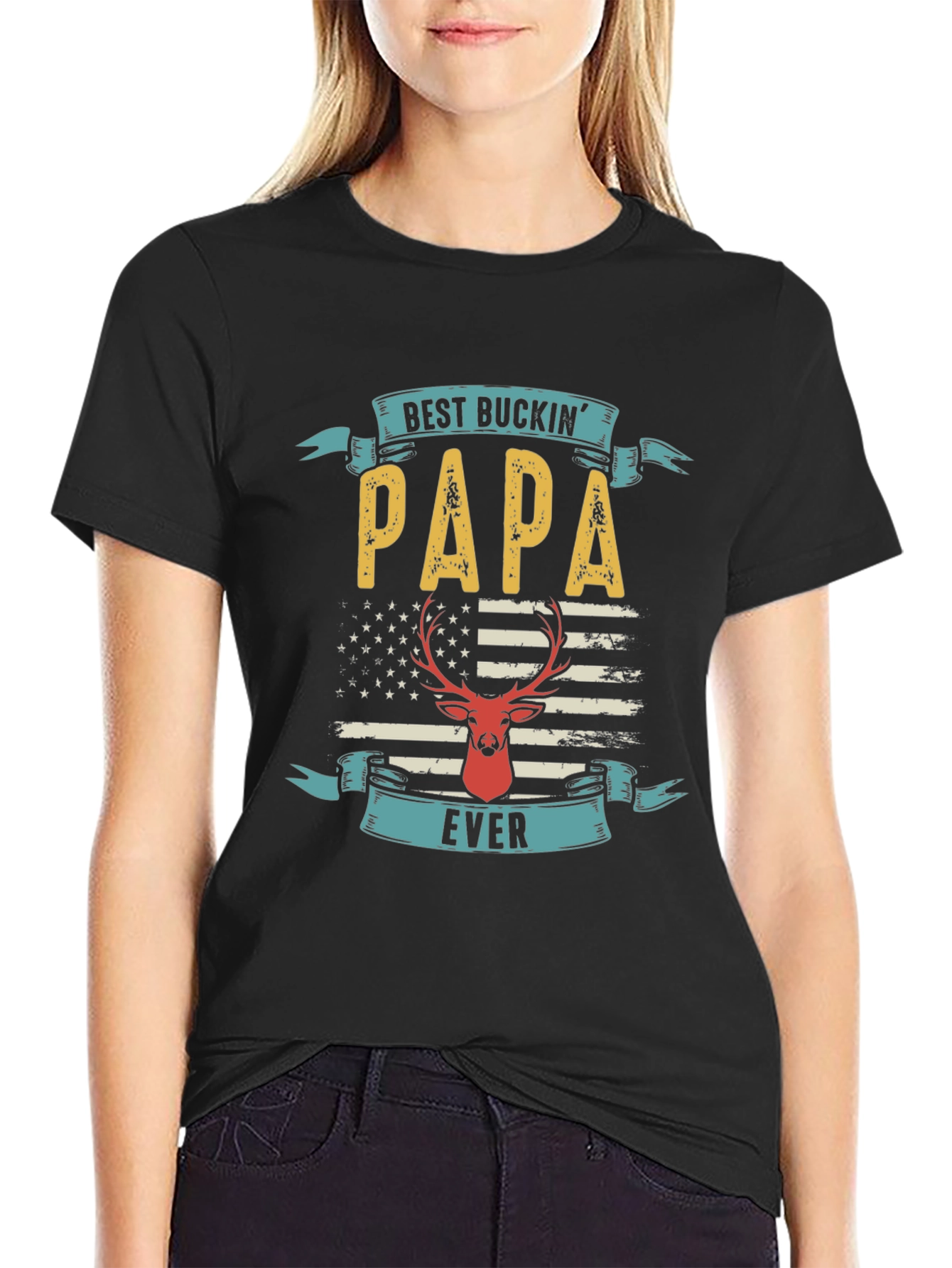 Black Best Buckin' Papa T-Shirt - Deer Hunter Father's Day Tee view 2
