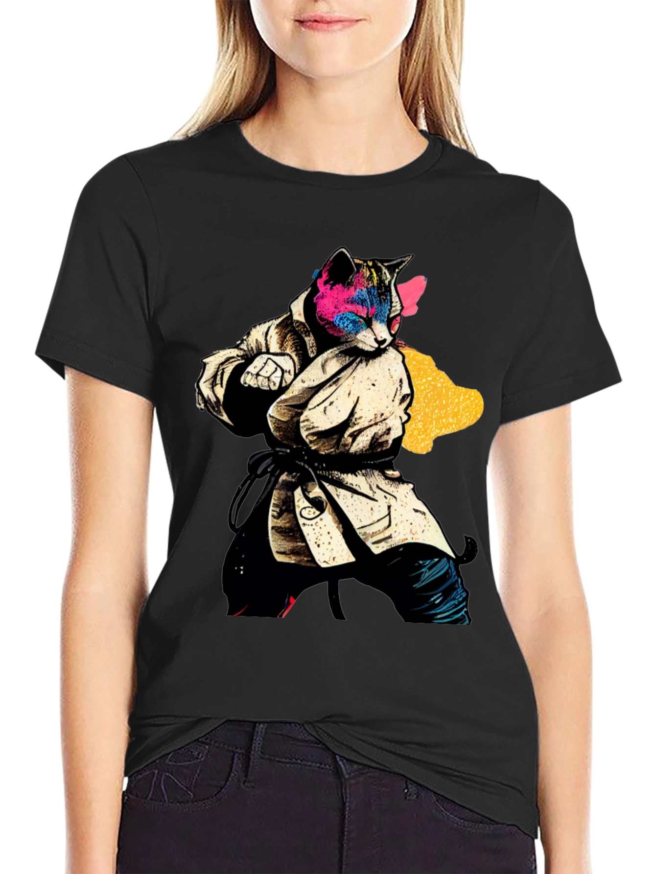 Black Karate Cat T-Shirt - Unique Graphic Tee view 2