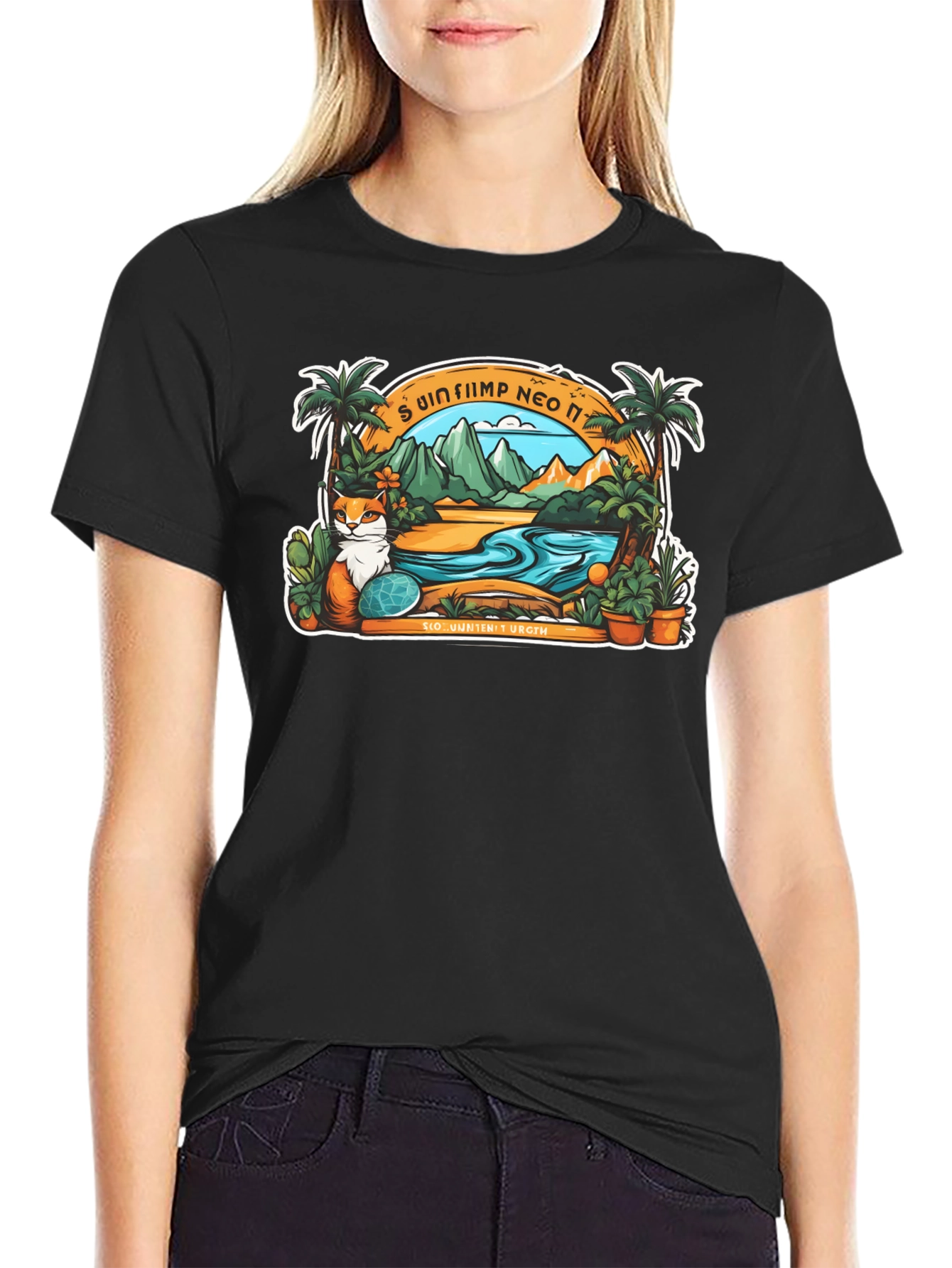 Black Tropical Cat Paradise Black T-Shirt view 2