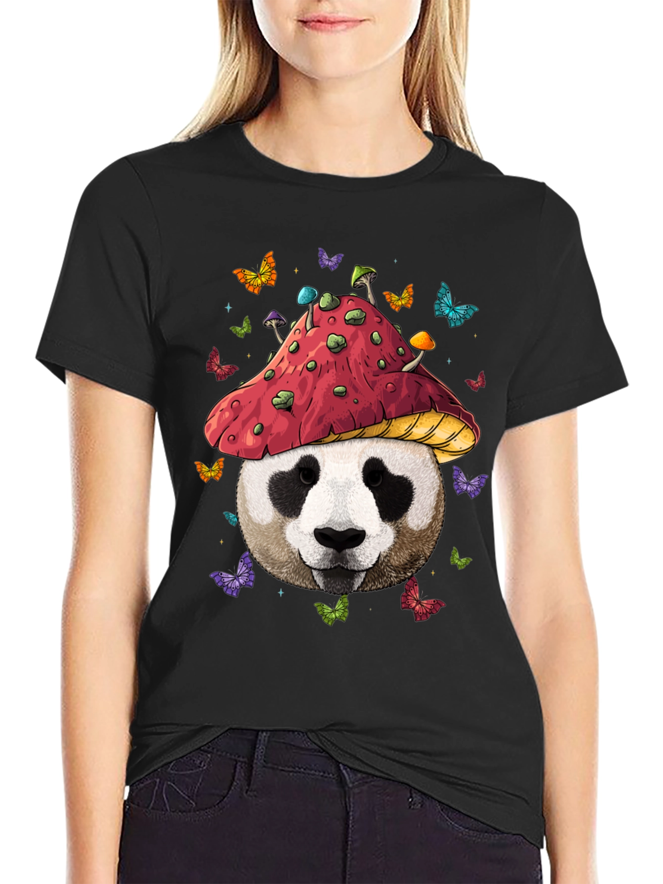 Black Panda Mushroom T-Shirt - Whimsical Graphic Tee view 2