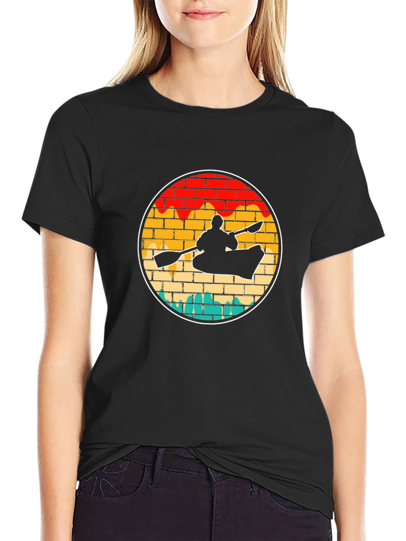 Black Kayaking Sunset Retro T-Shirt view 2