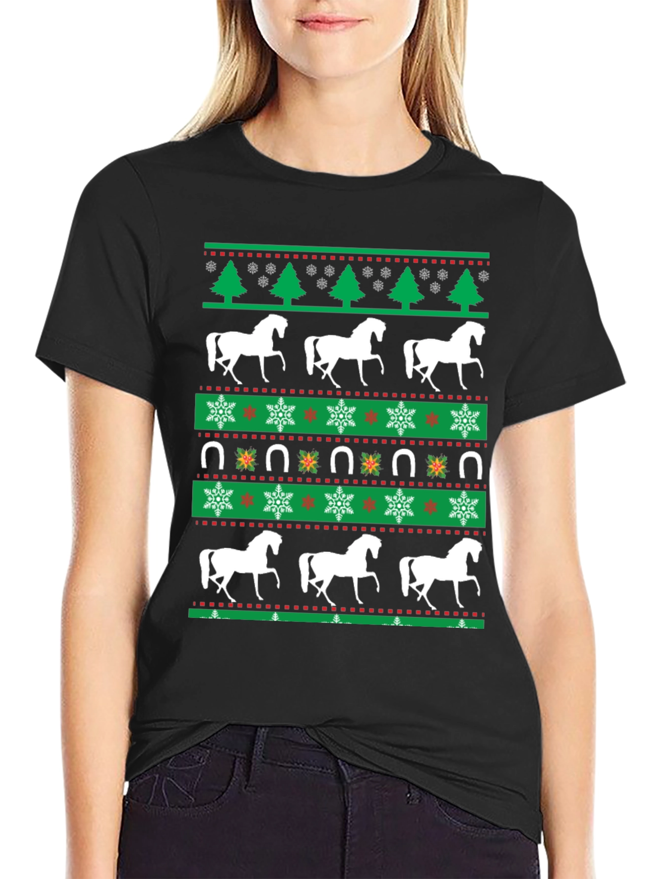 Black Horse Christmas T-Shirt: Holiday Equestrian Style view 2