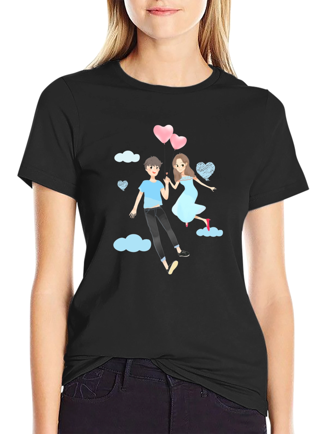 Black Romantic Couple Cartoon Graphic T-Shirt view 2