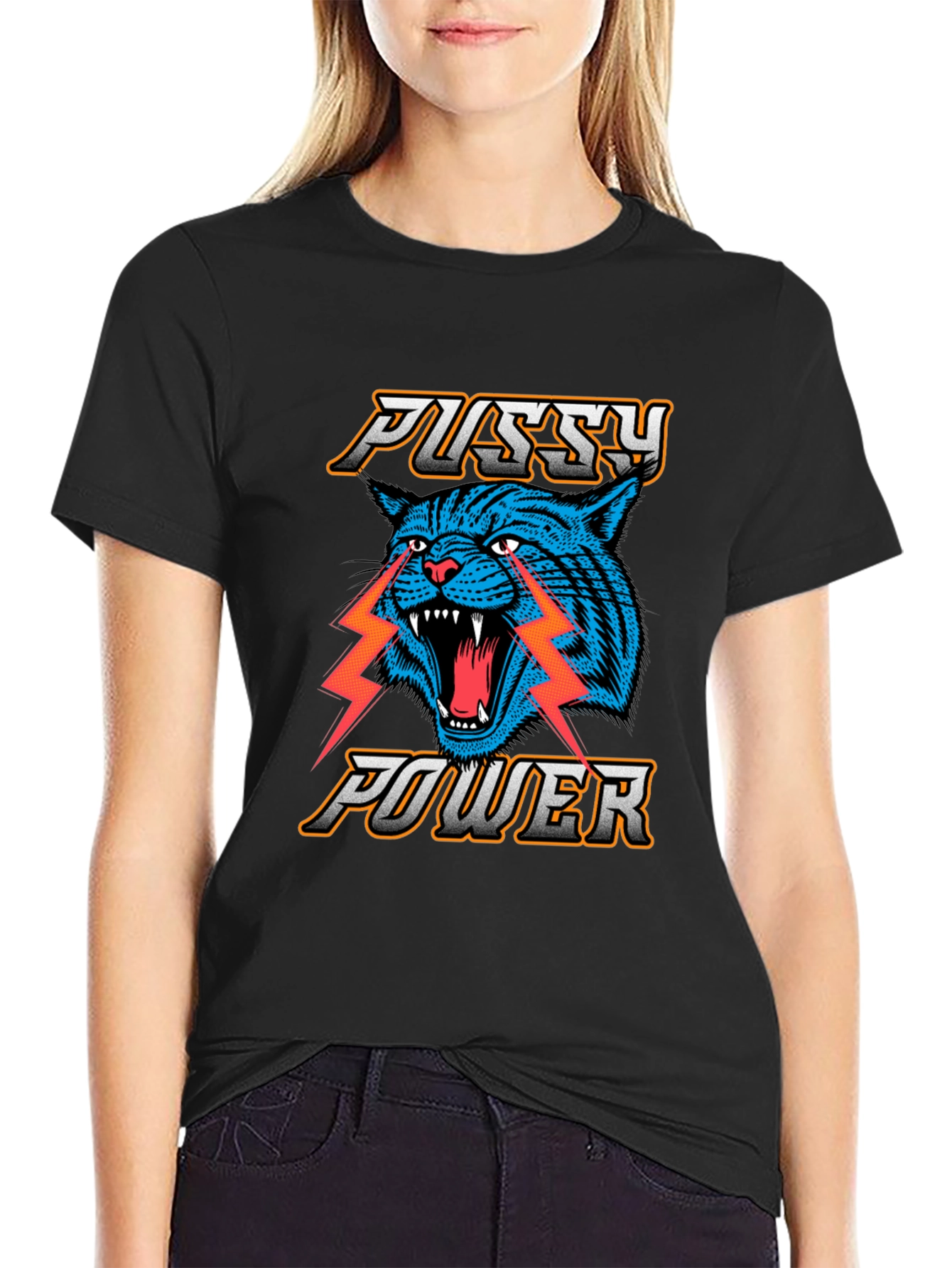 Black Pussy Power Graphic Tee - Blue Cat Lightning view 2