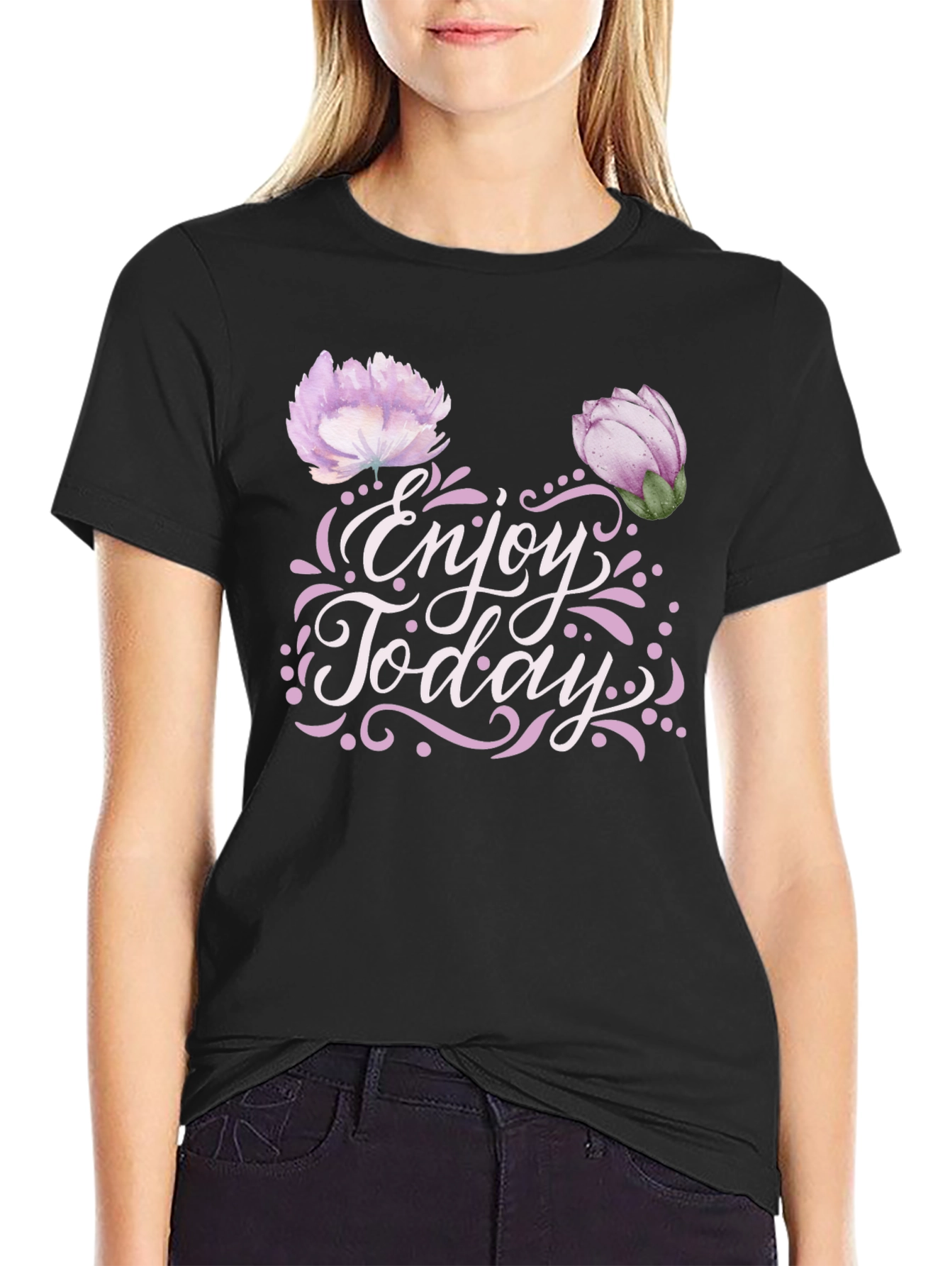 Black Enjoy Today Floral Graphic Black T-Shirt view 2