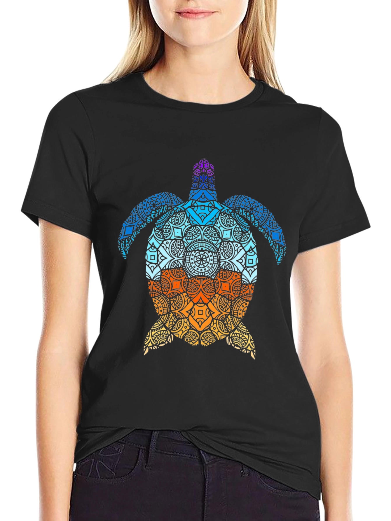 Black Turtle Mandala Graphic Tee - Black Cotton T-Shirt view 2