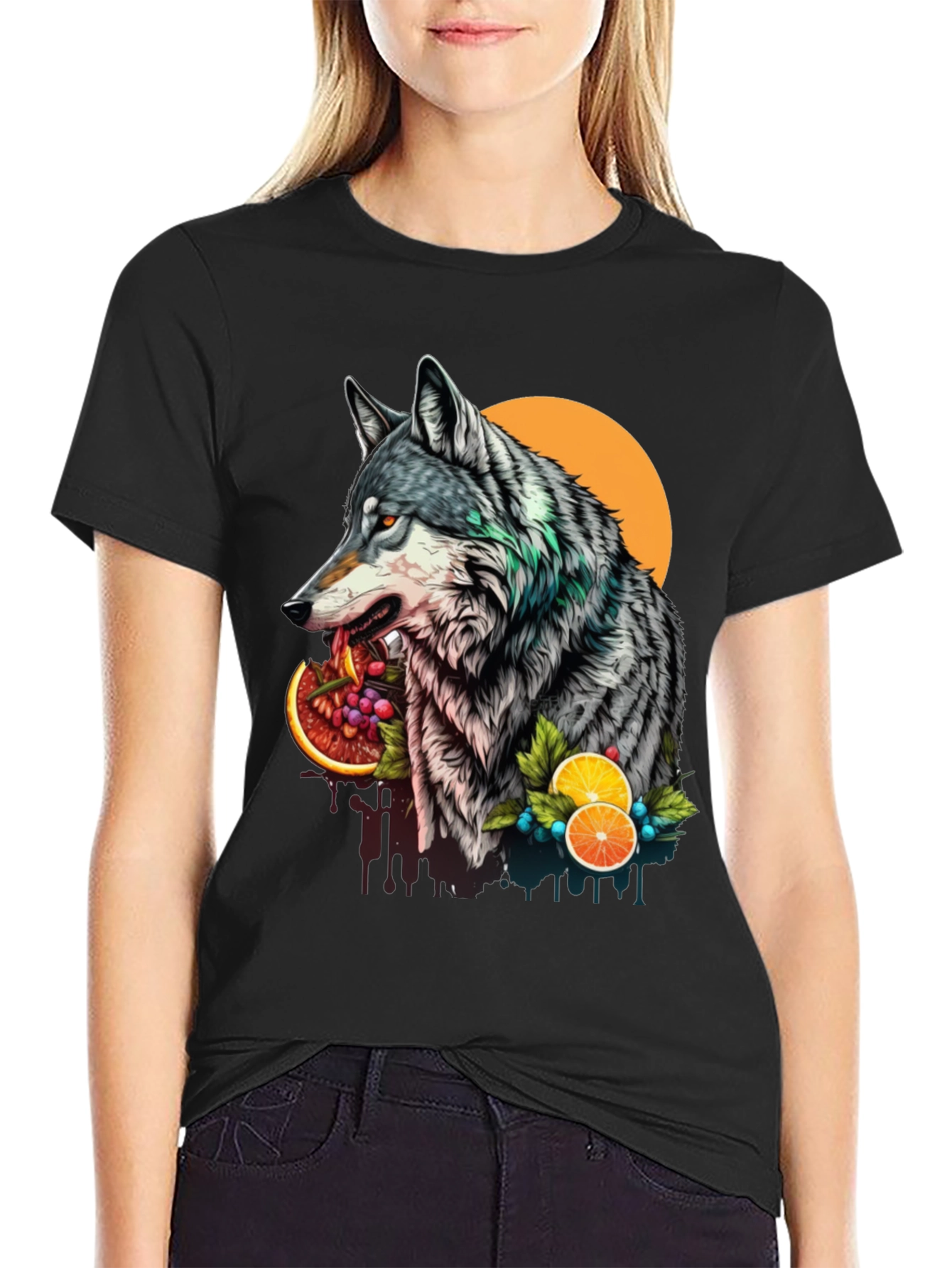 Black Wolf and Fruit Graphic Tee - Modern Streetwear Style view 2