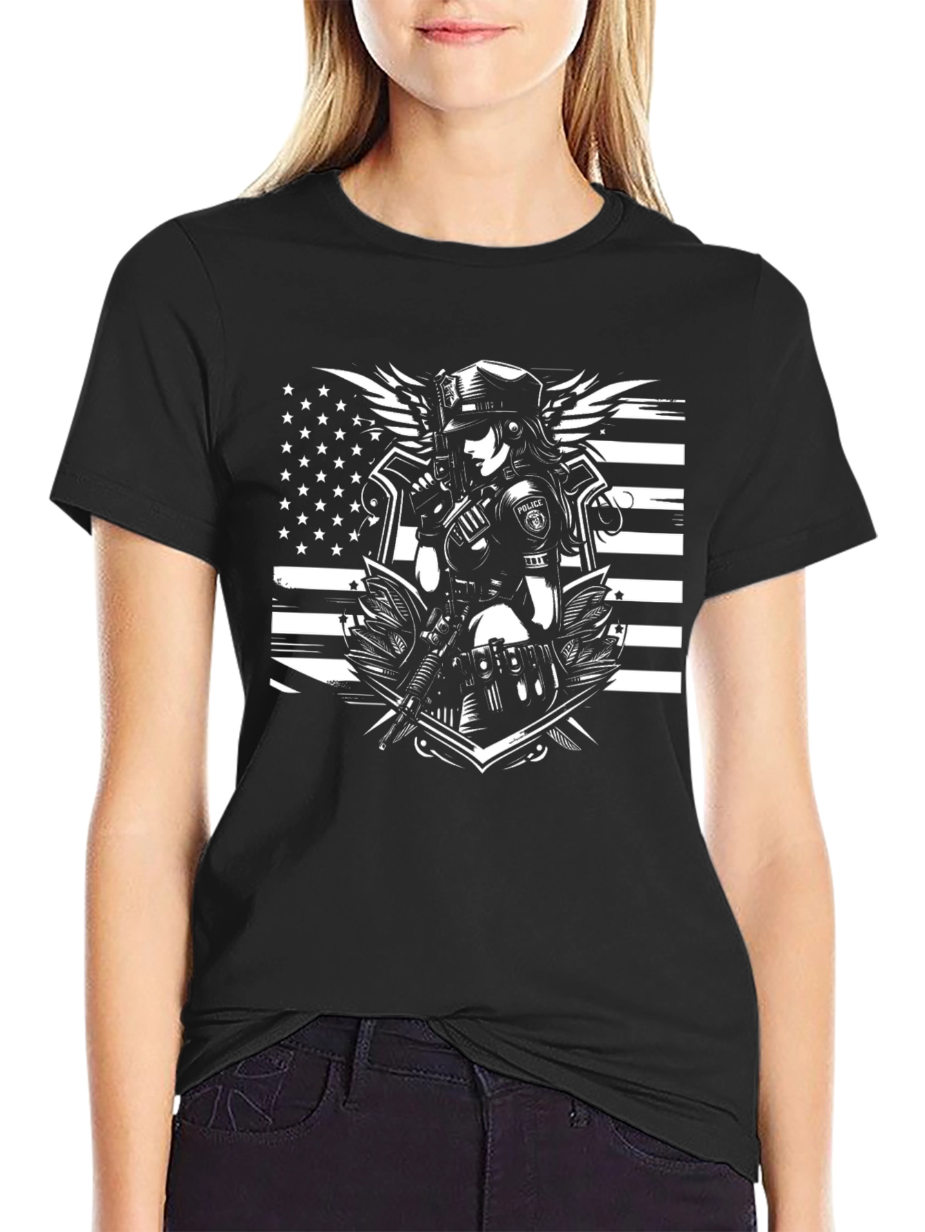 Black Police Woman Graphic T-Shirt - Black Crew Neck Tee view 2