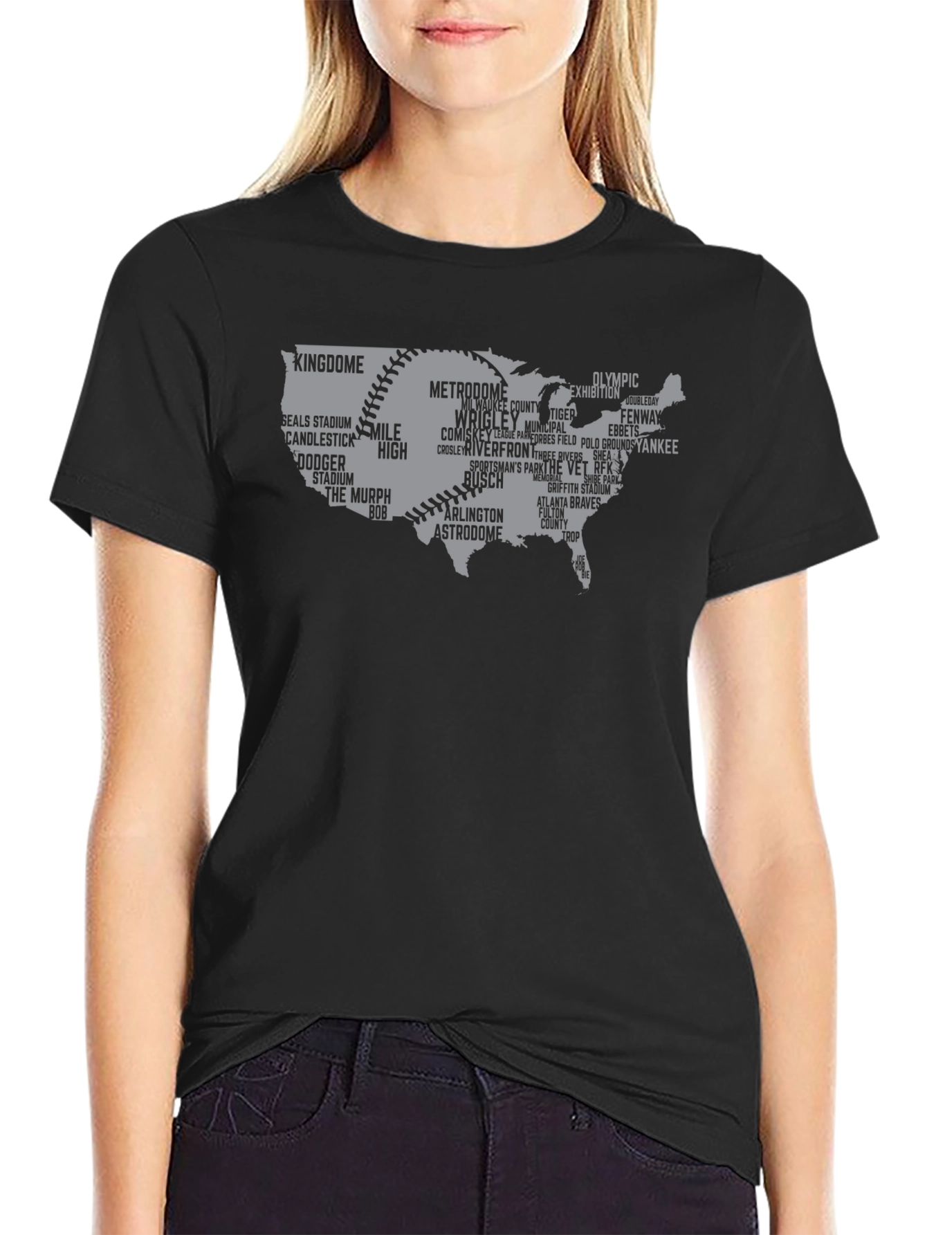 Black Baseball Stadium USA Map T-Shirt view 2