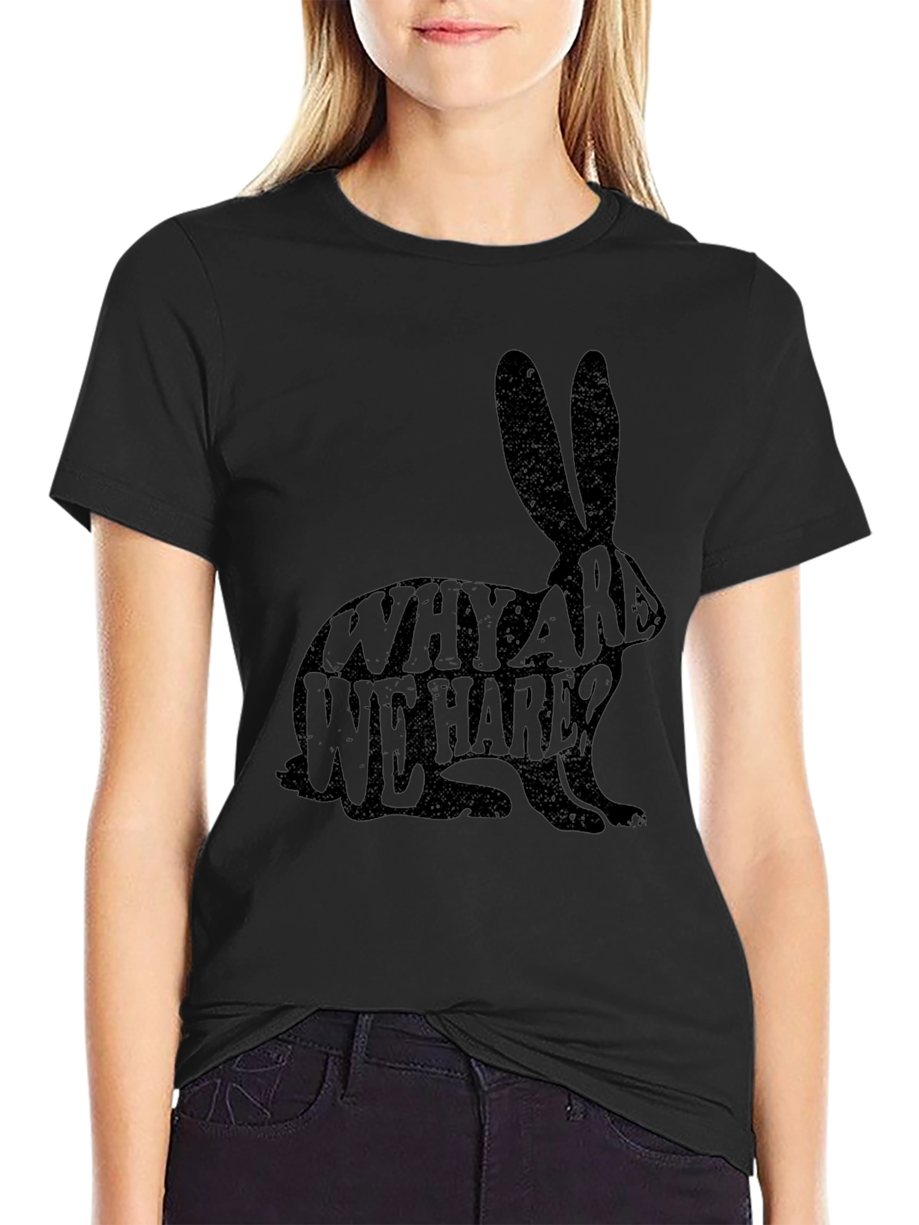 Black Why Are We Hare? Novelty Black T-Shirt view 2