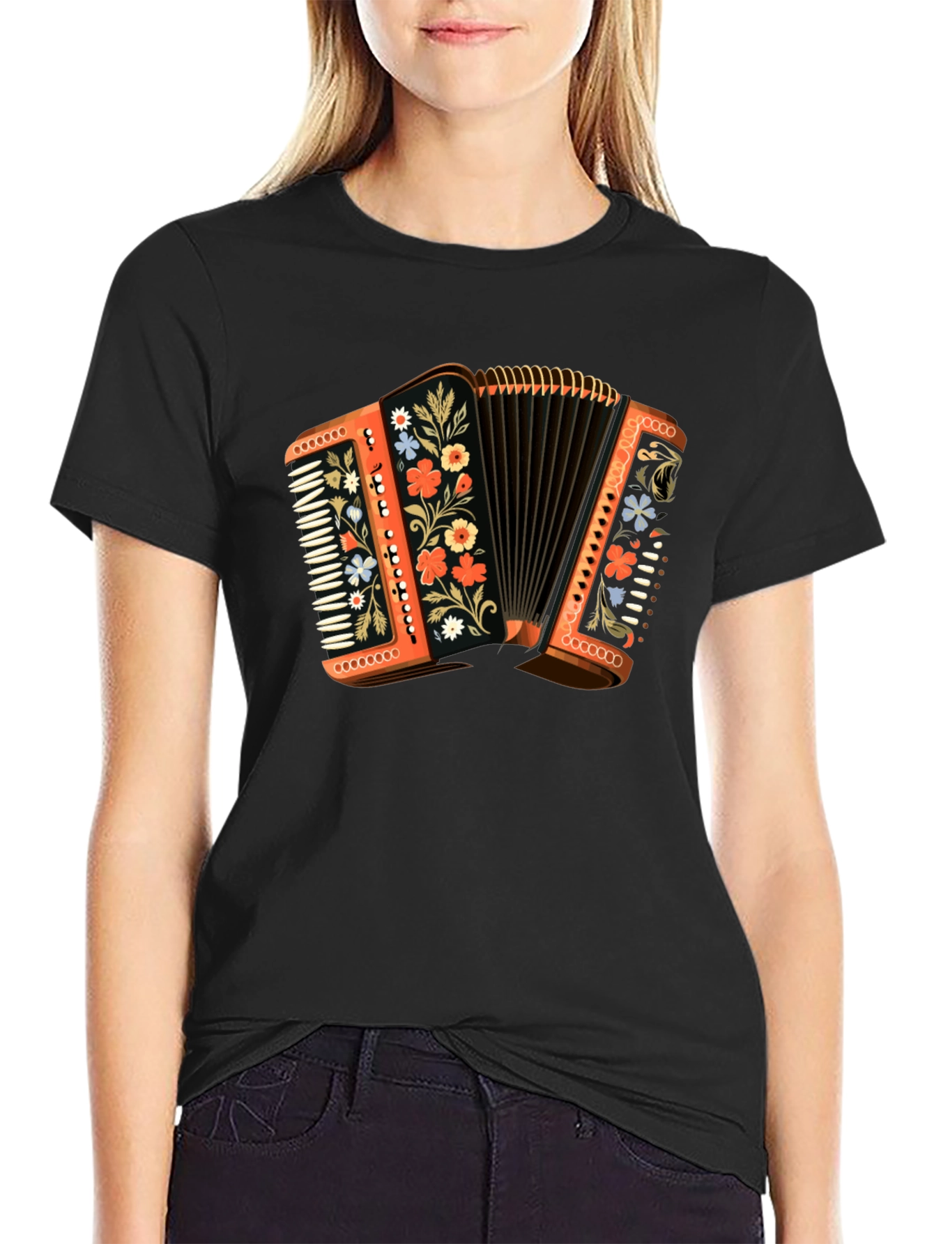 Black Accordion Floral T-Shirt - Music Lover Gift view 2