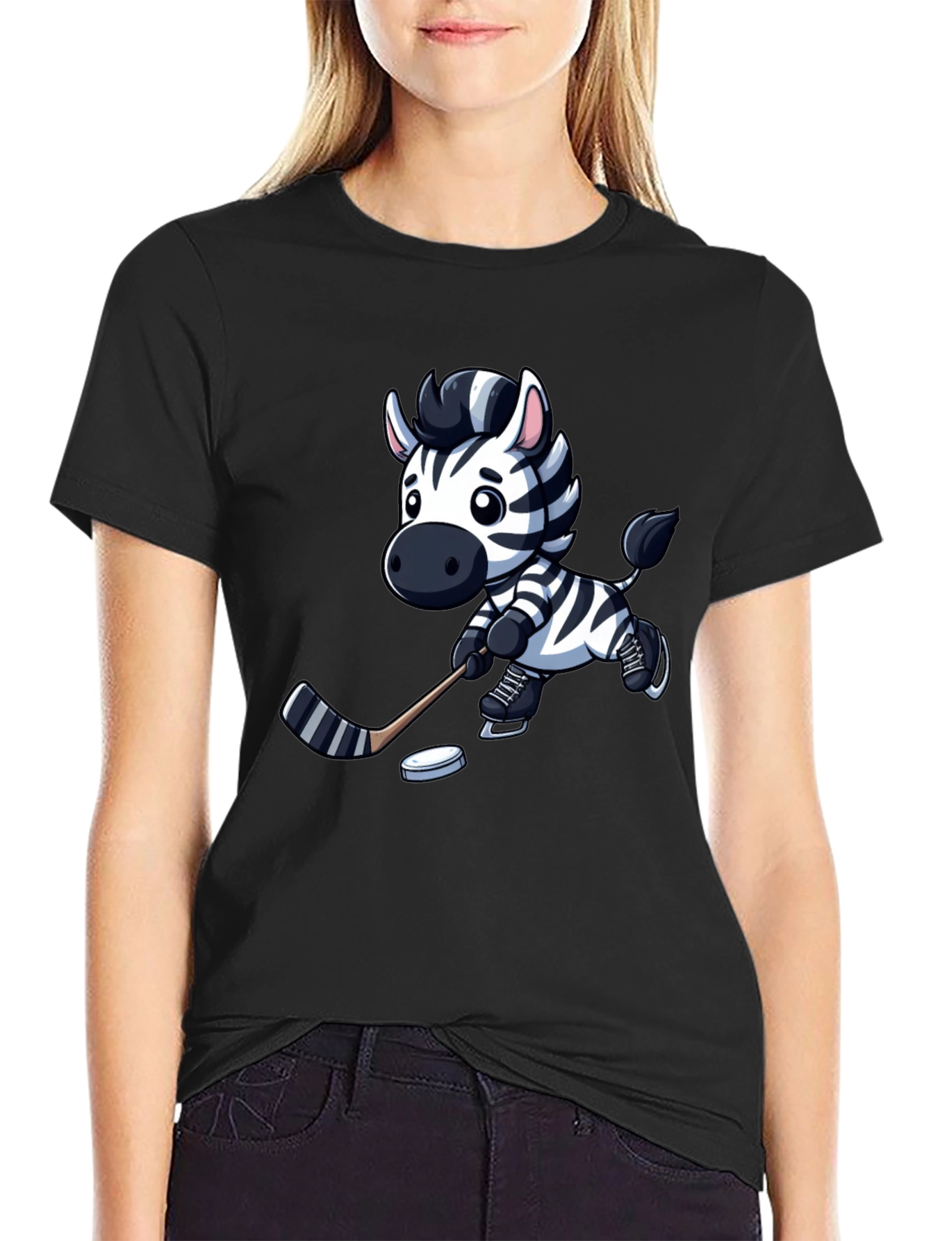 Black Zebra Hockey Player T-Shirt - Cool Cartoon Design view 2