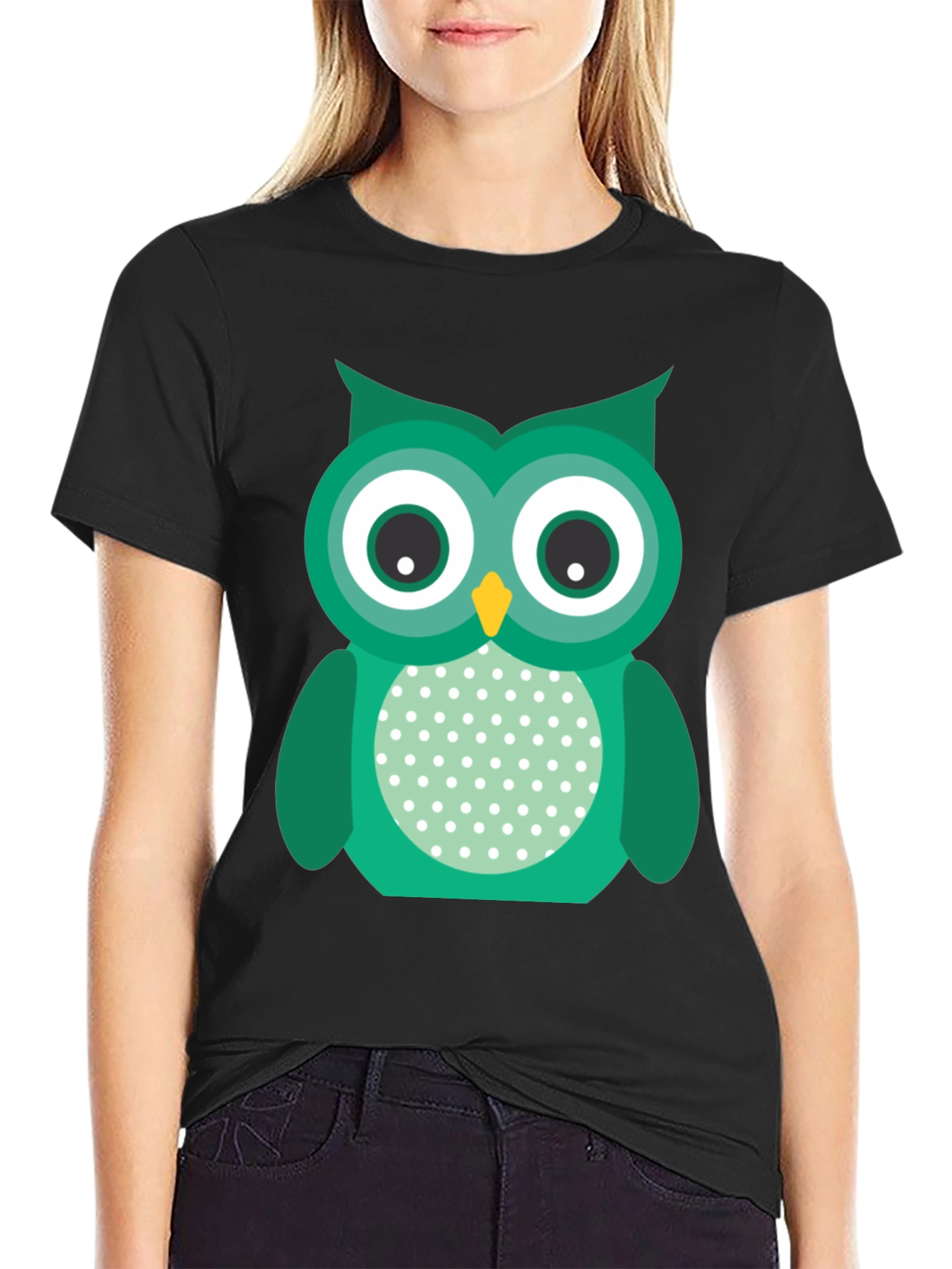 Black Cute Owl Graphic Print Black T-Shirt view 2