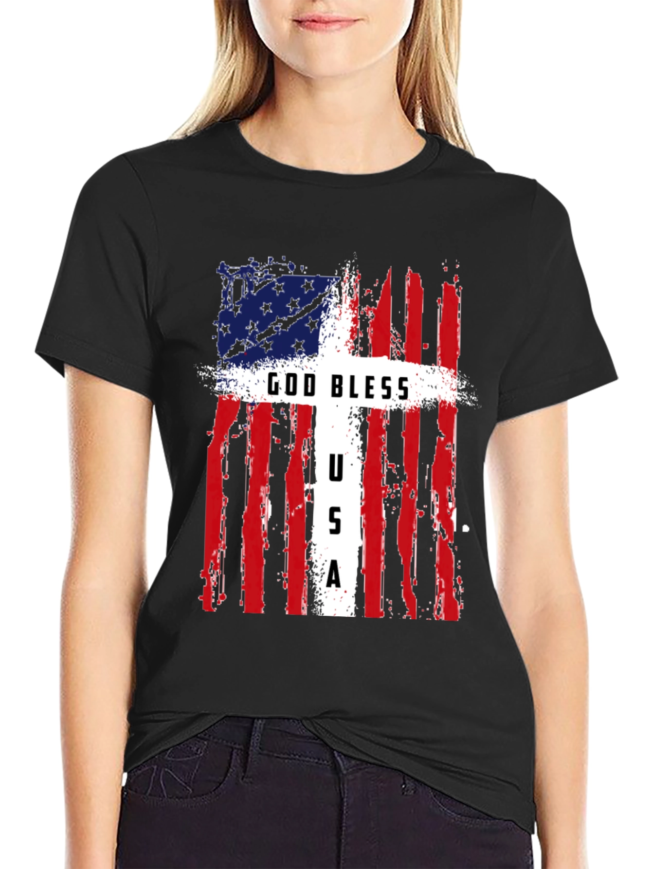 Black God Bless USA Patriotic T-Shirt view 2