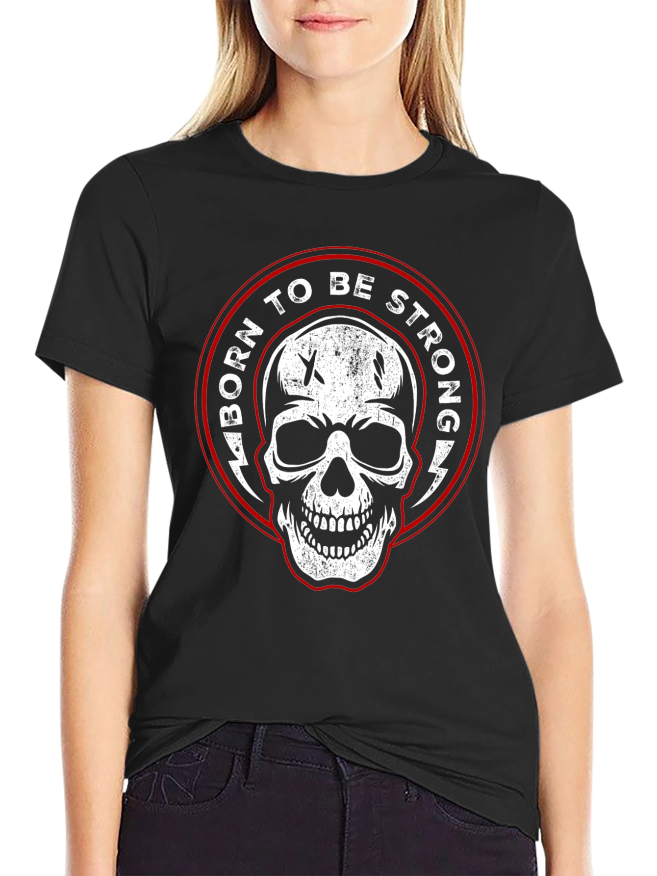 Black Born to be Strong Skull Graphic Black T-Shirt view 2