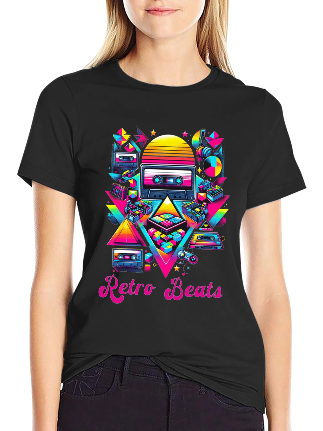 Black Retro Beats T-Shirt - 80s Music Style view 2
