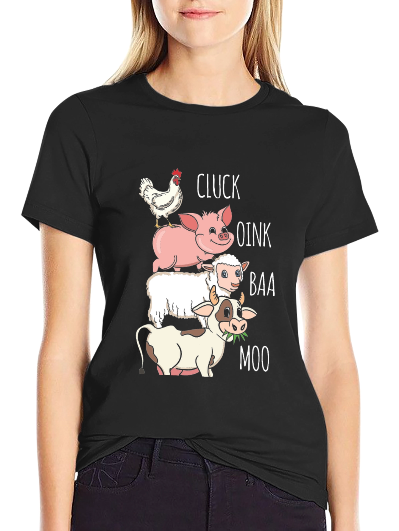 Black Farm Animal Sound Stack T-Shirt - Cluck, Oink, Baa, Moo view 2